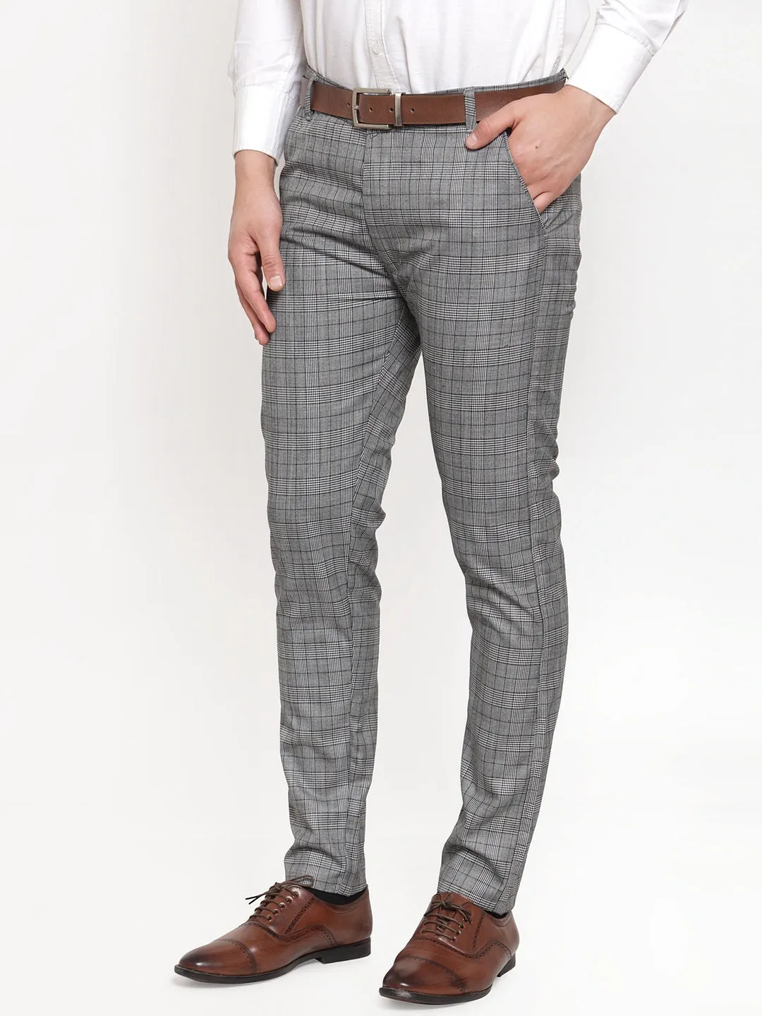 Men's Grey Checked Formal Trousers ( GP 254Light-Grey ) - Jainish