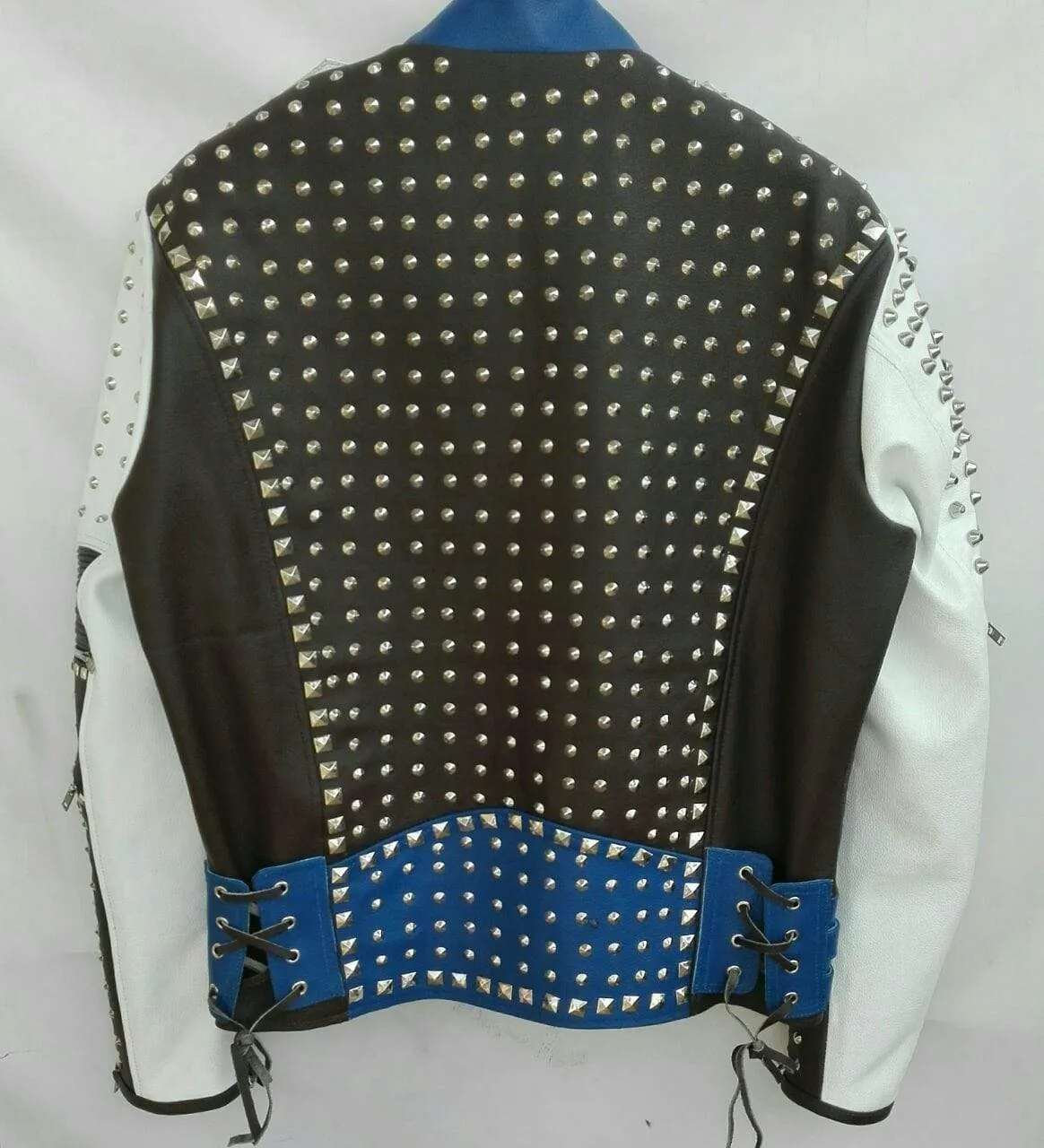 Mens Punk Blue White Silver Studded Cowhide Leather Jacket