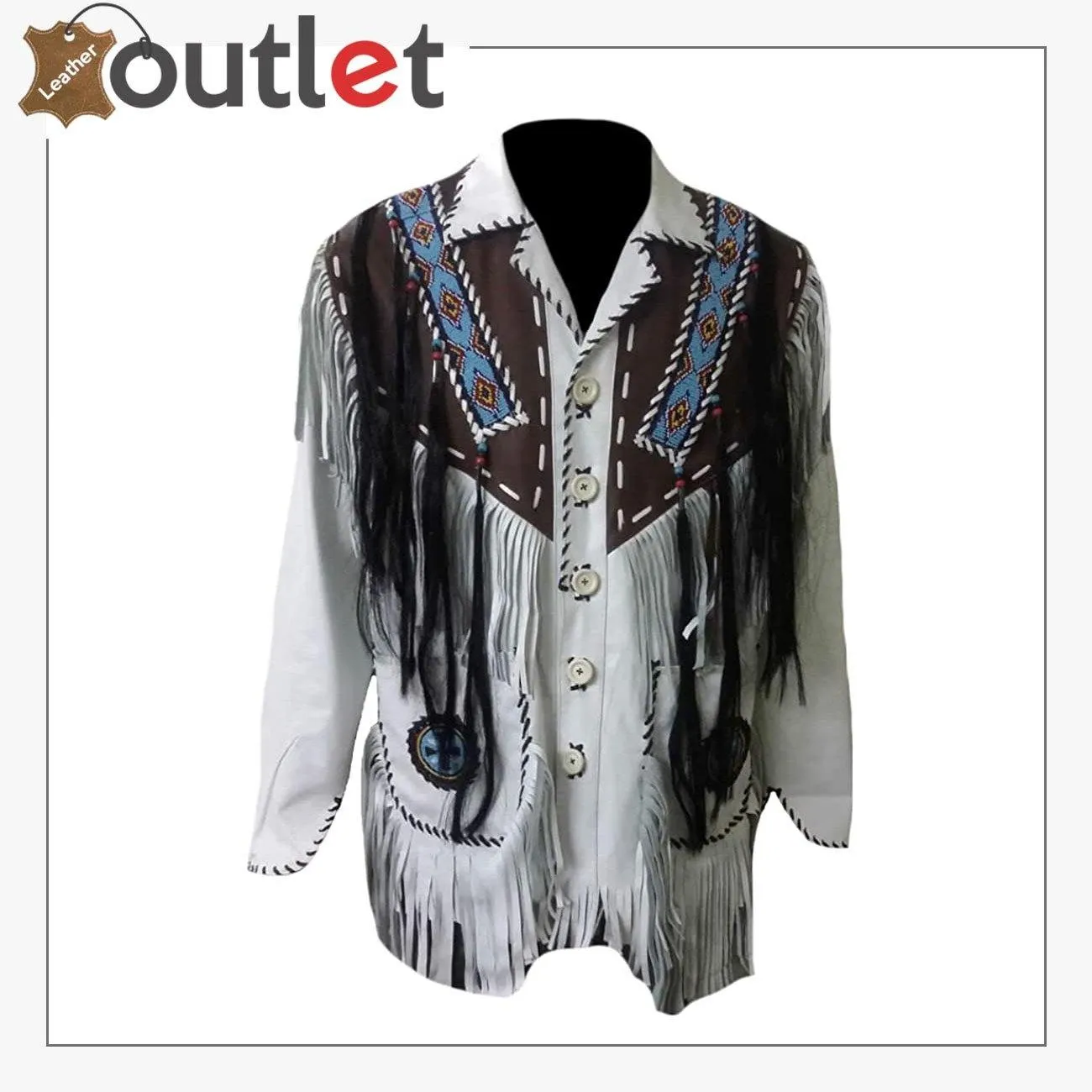 Mens Western Leather Jacket with Fringes & Beads