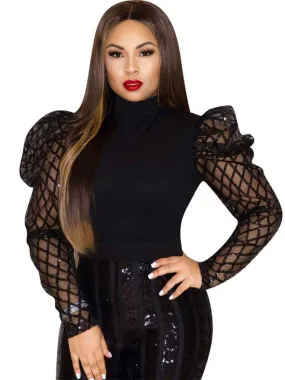 Mesh Mock Neck Puff Long Sleeve Sequins Tops