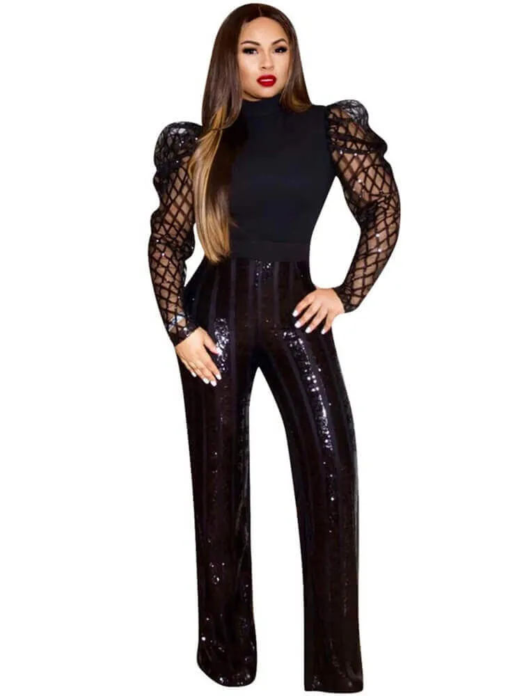 Mesh Mock Neck Puff Long Sleeve Sequins Tops