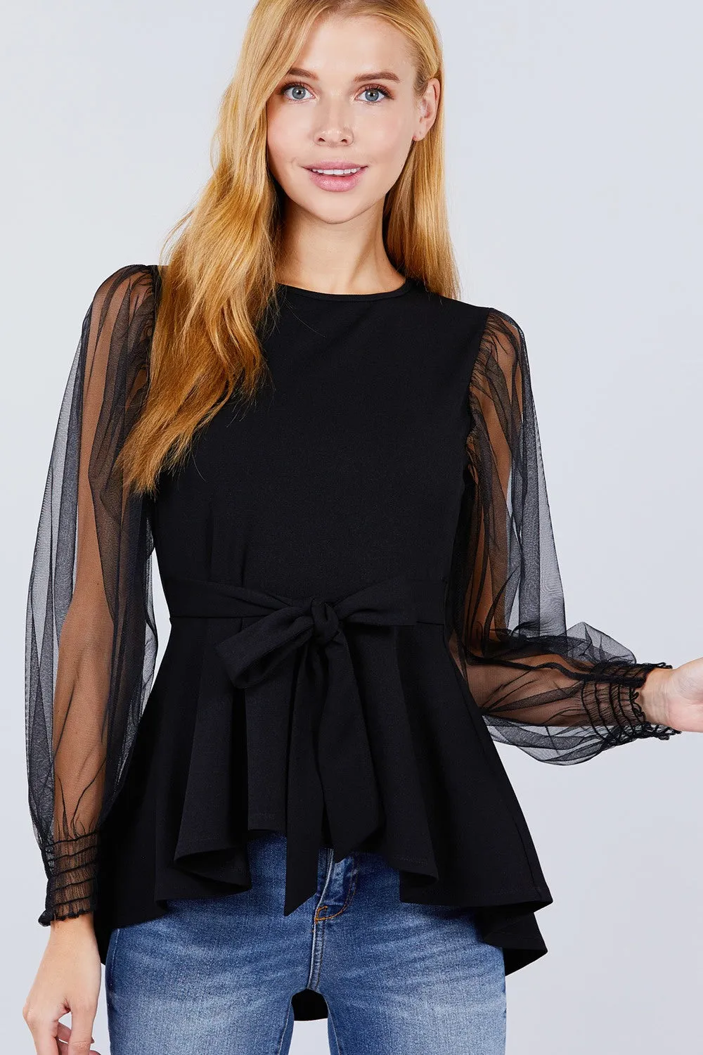 Mesh Puff Sleeve Peplum Top