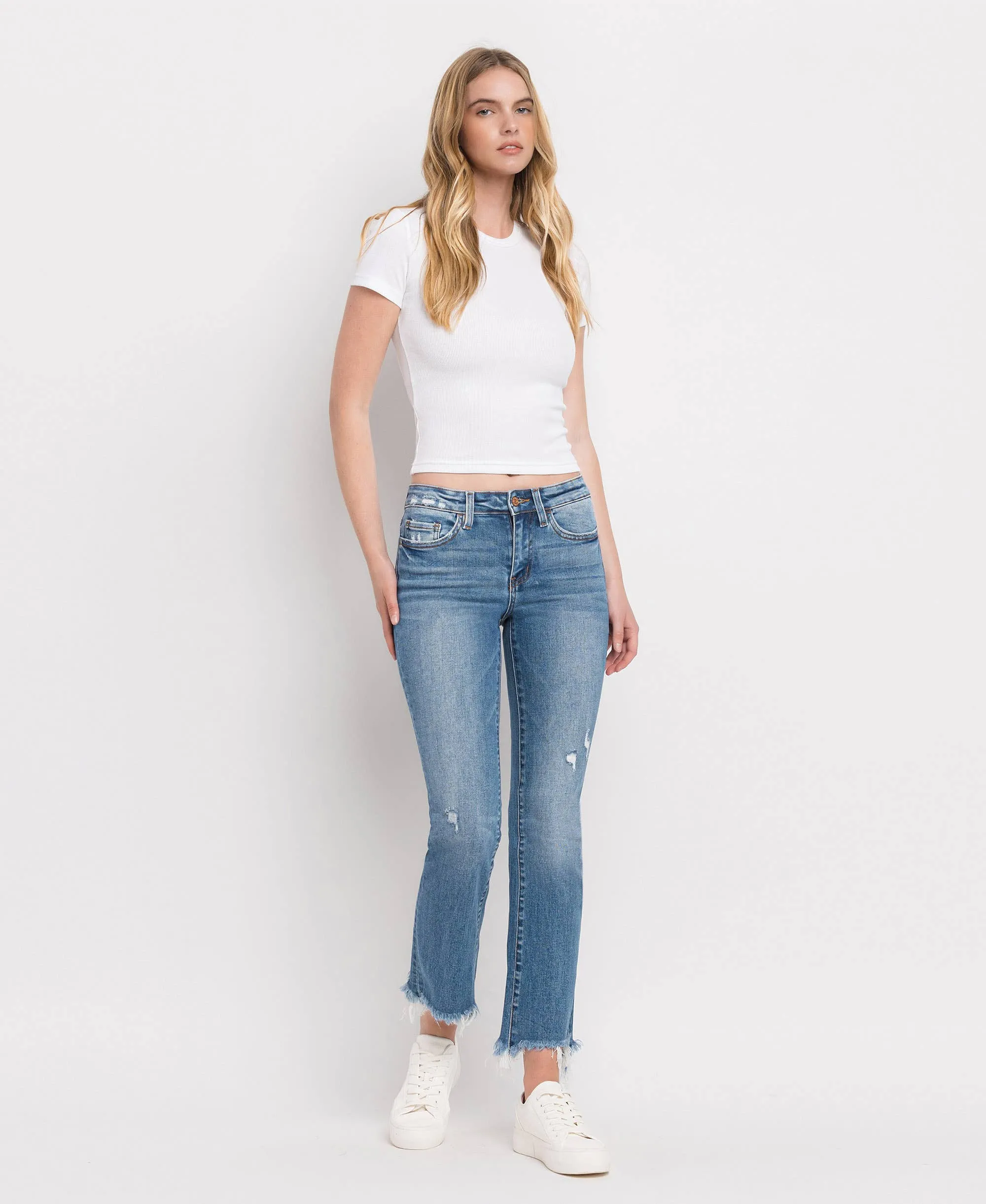 Mid Rise Distressed Hem Ankle Bootcut Jeans