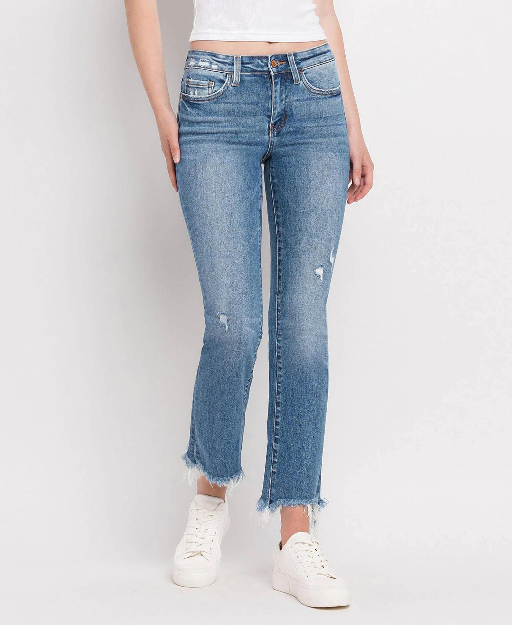 Mid Rise Distressed Hem Ankle Bootcut Jeans