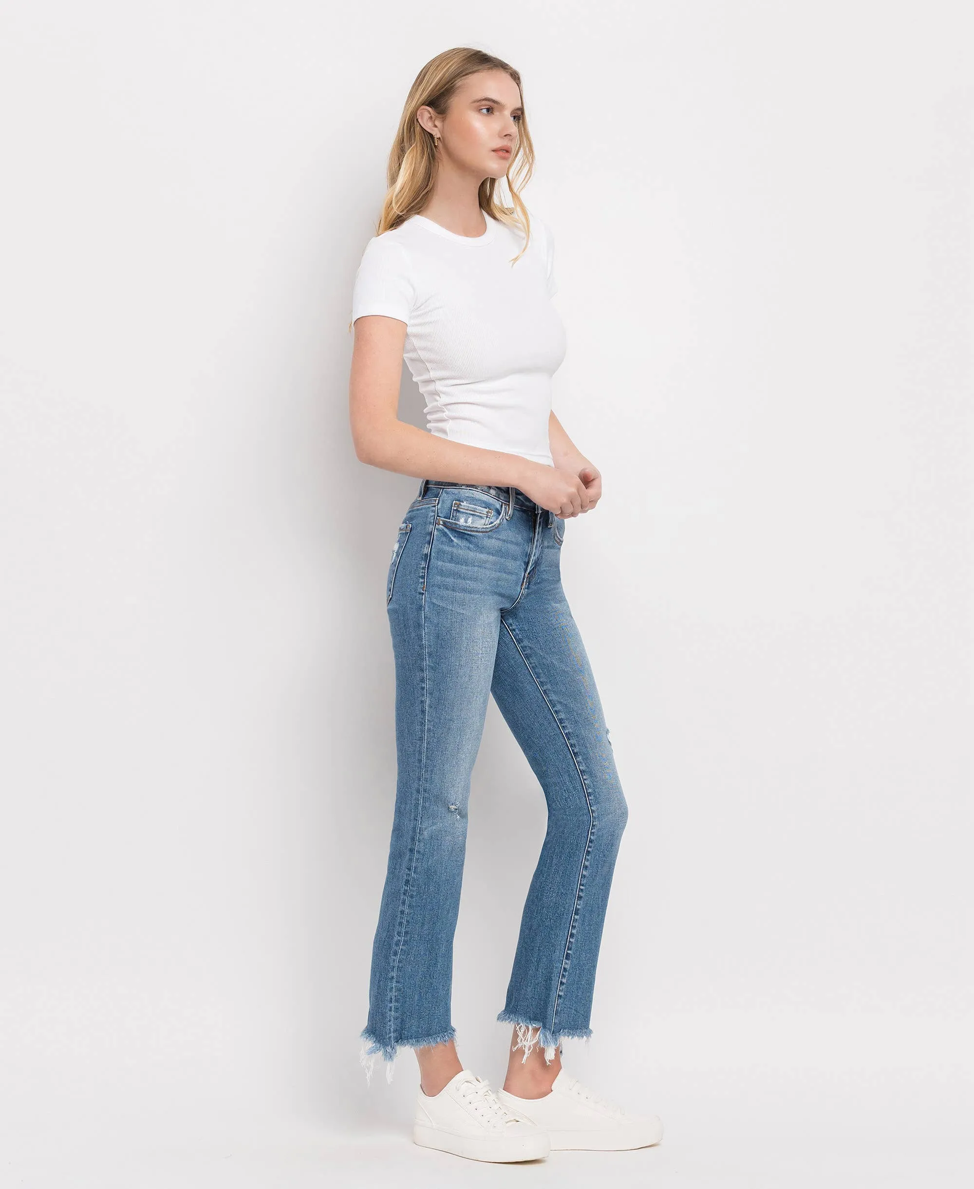 Mid Rise Distressed Hem Ankle Bootcut Jeans