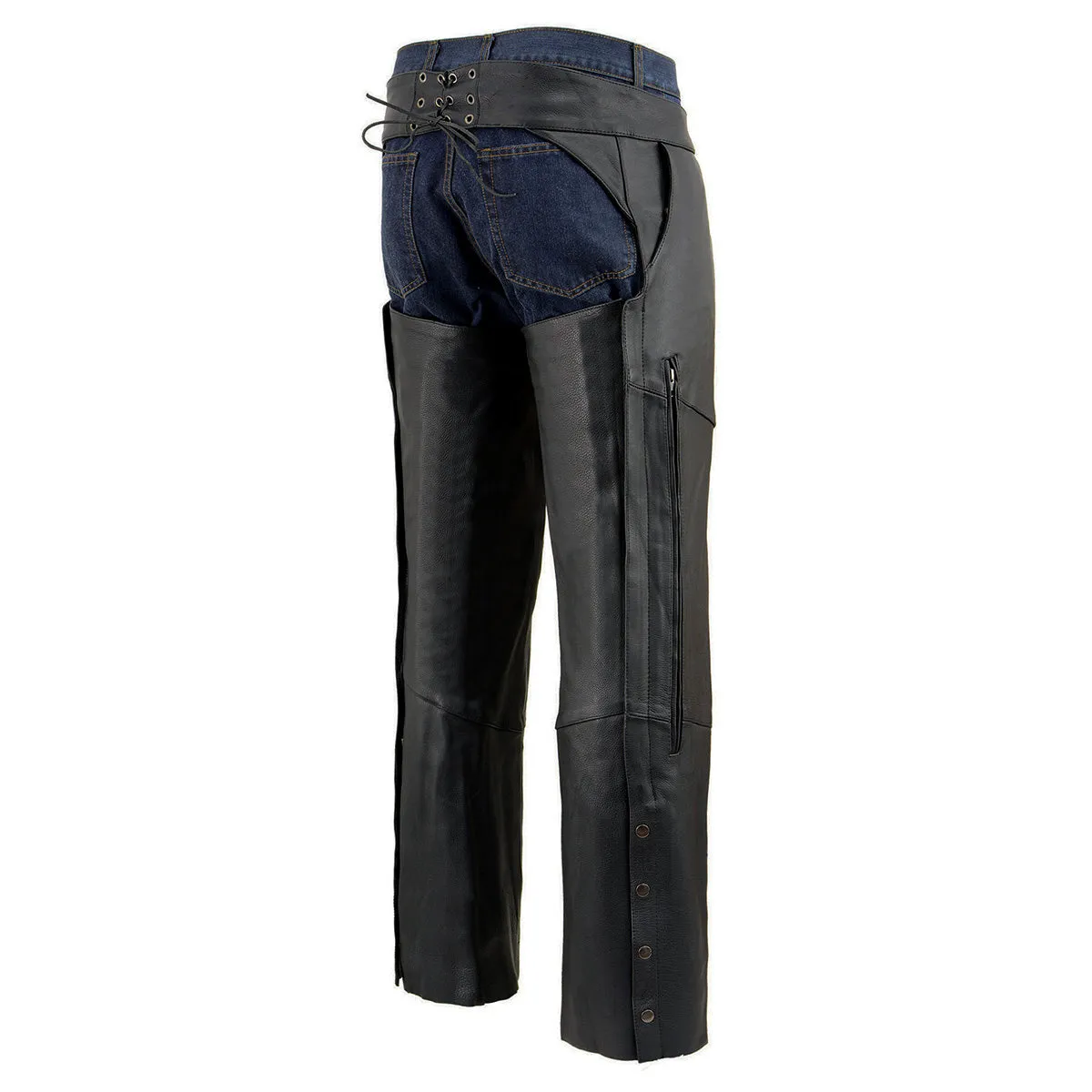 Milwaukee Leather Chaps for Men's Black Vented Naked Leather Side Style Pocket Stretch Thigh Motorcycle Chap ML1129