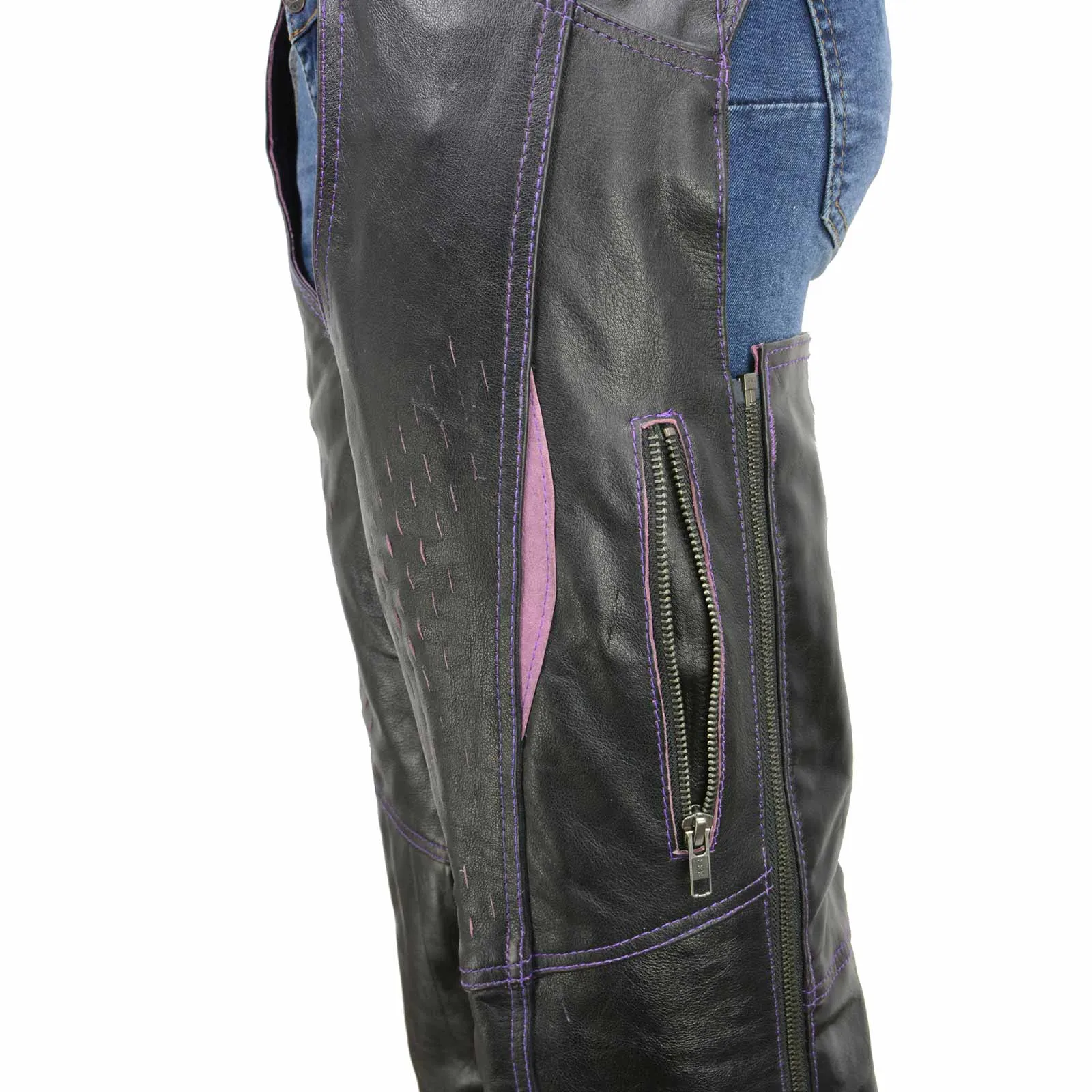 Milwaukee Leather Chaps for Women Black and Purple Premium Skin Laser Cut Accent Stitching Motorcycle Chap- MLL6525