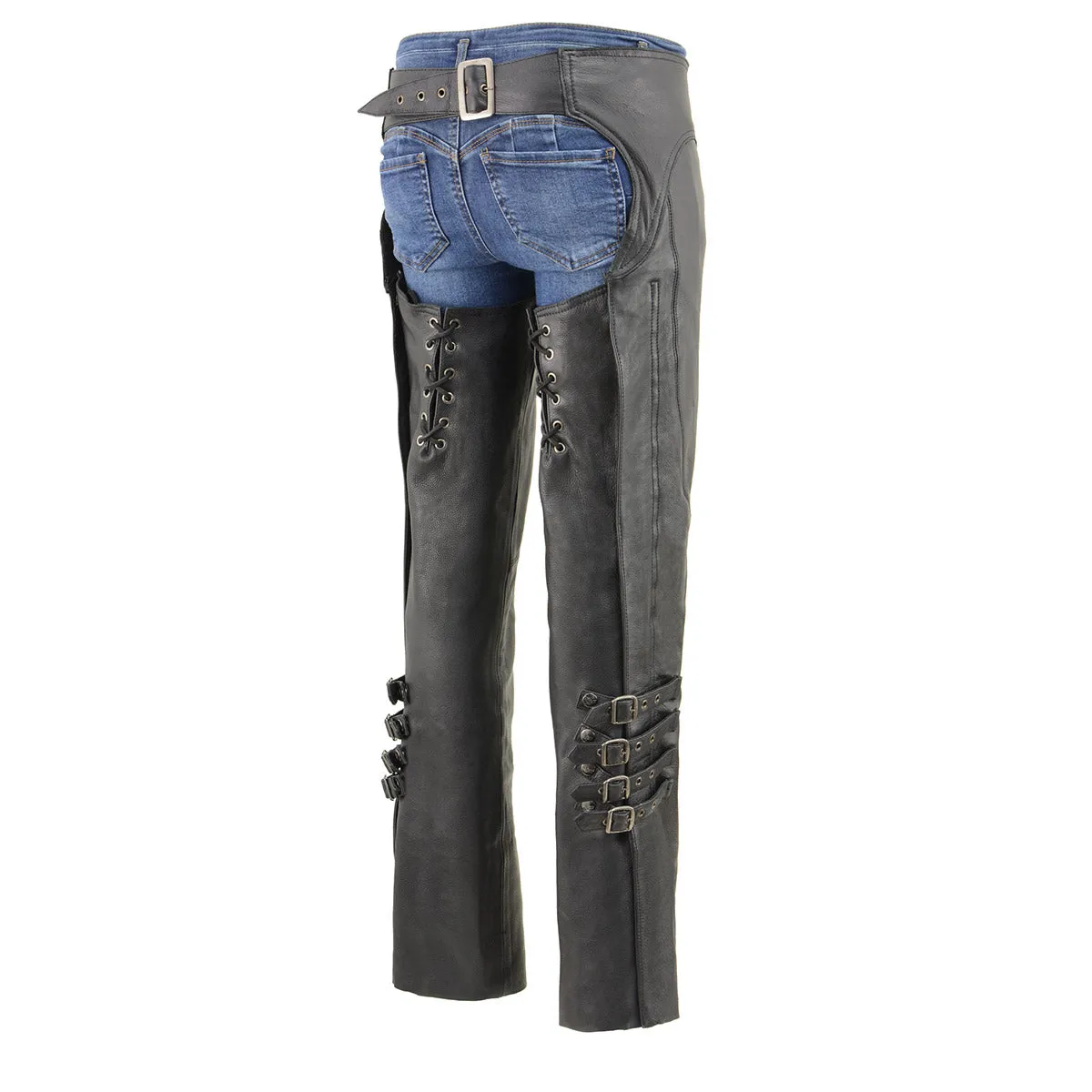 Milwaukee Leather Chaps for Women Black Naked Skin 4-Buckle Accent on Bottom Thigh Lace Motorcycle Chap - MLL6520