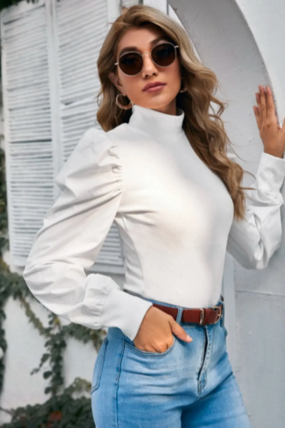 Mock Neck Puff Sleeve Top