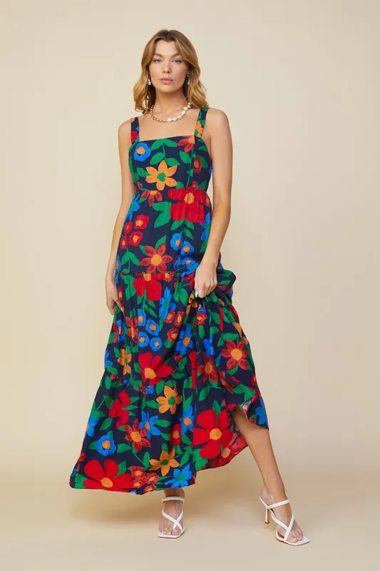 Navy Blue Sleeveless Floral Print Tiered Maxi Dress