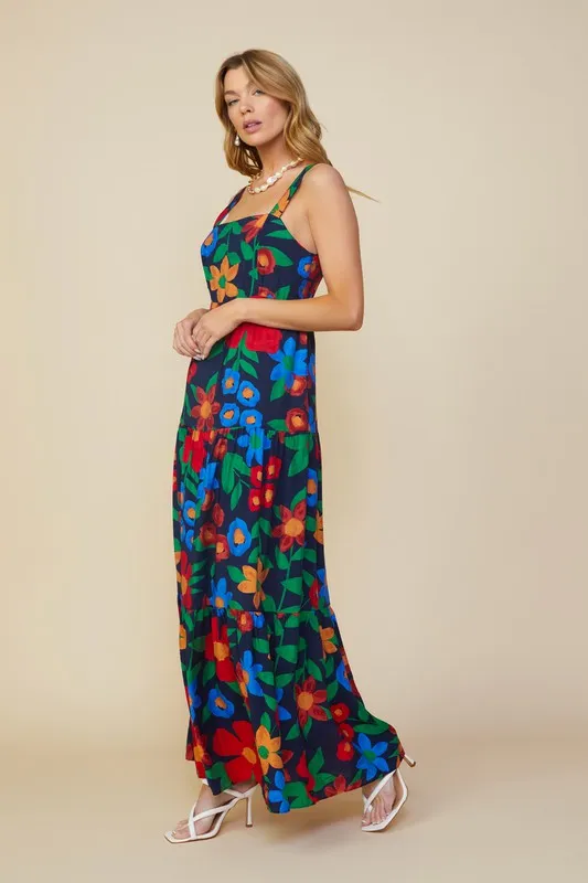 Navy Blue Sleeveless Floral Print Tiered Maxi Dress