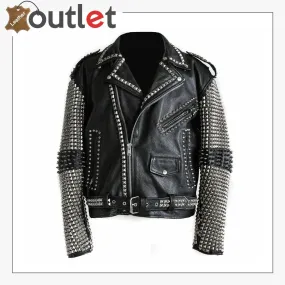 New Men Black Punk Silver Spiked Studded Leather Jacket