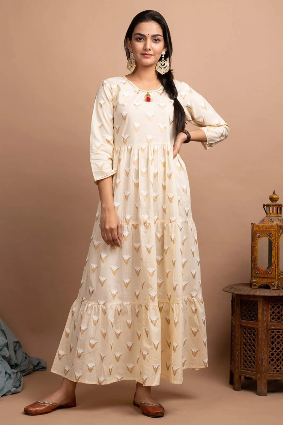 Off-White Long Flared Cotton Ethnic Gown