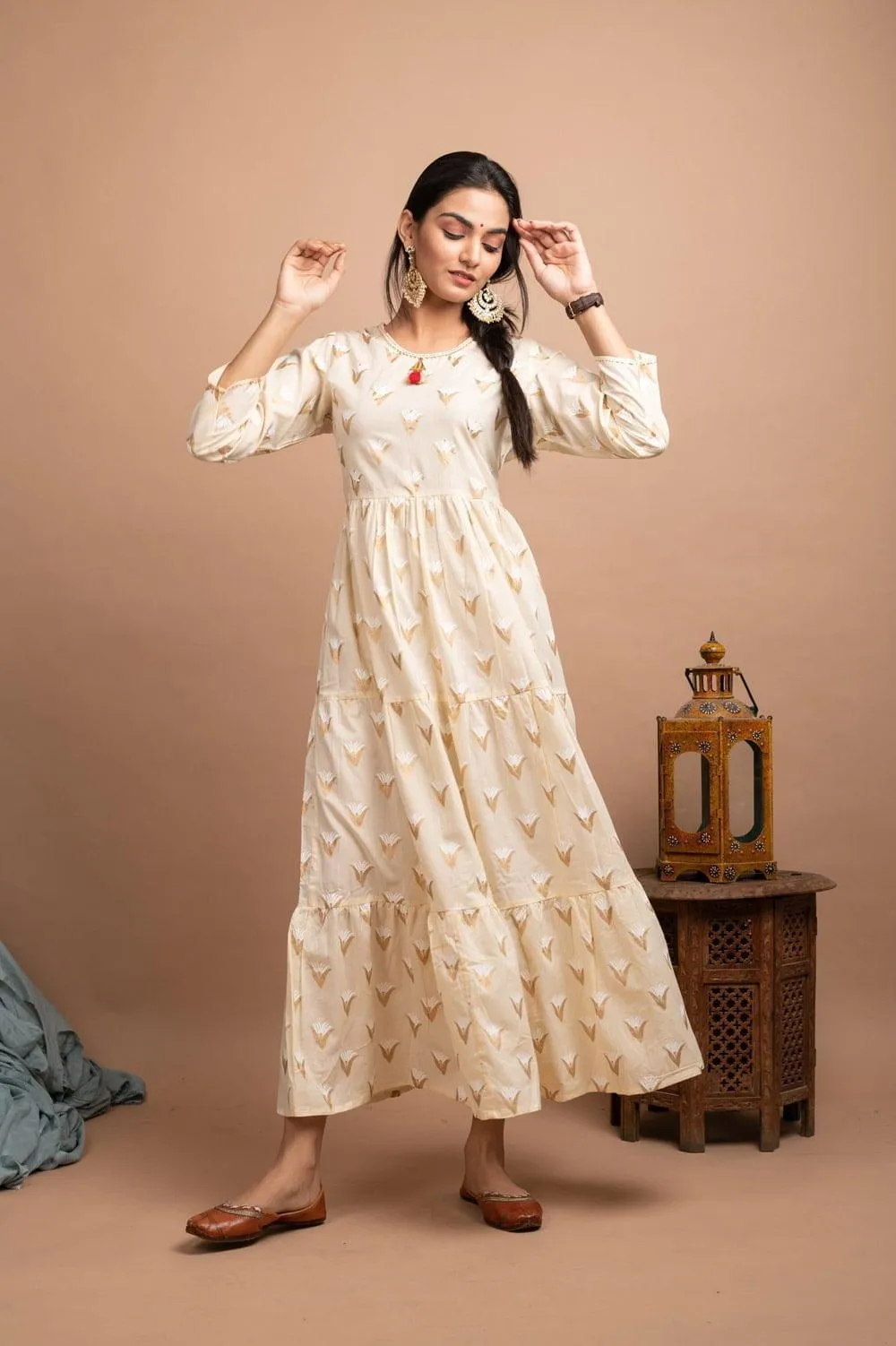 Off-White Long Flared Cotton Ethnic Gown