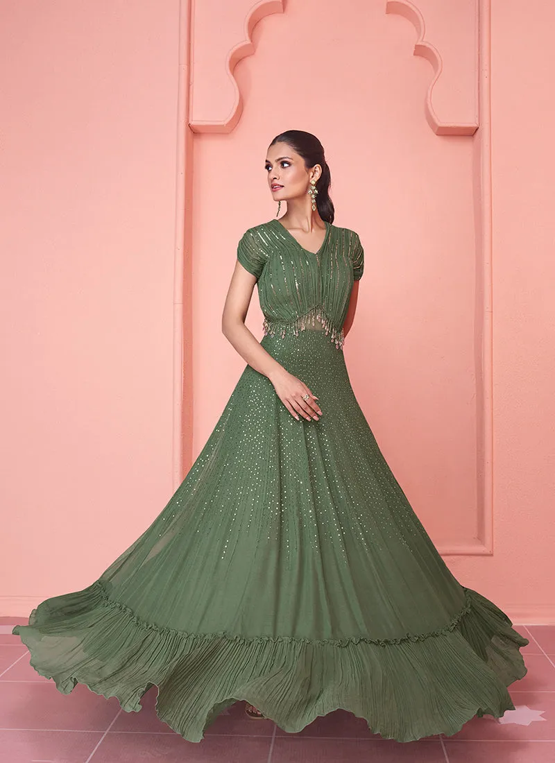 Olive Green Sequence Embroidery Designer Anarkali Gown