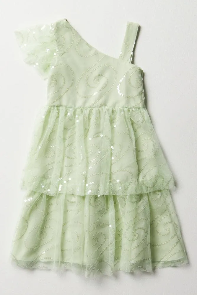 One Shoulder Tiered Dress Green