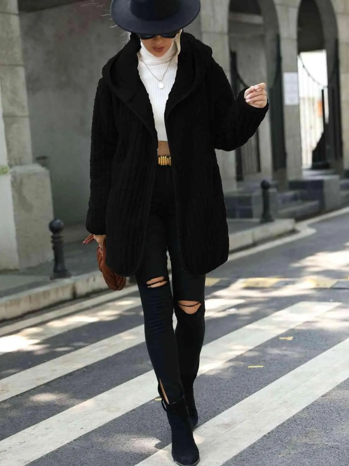 Open Front Ribbed Hooded Coat