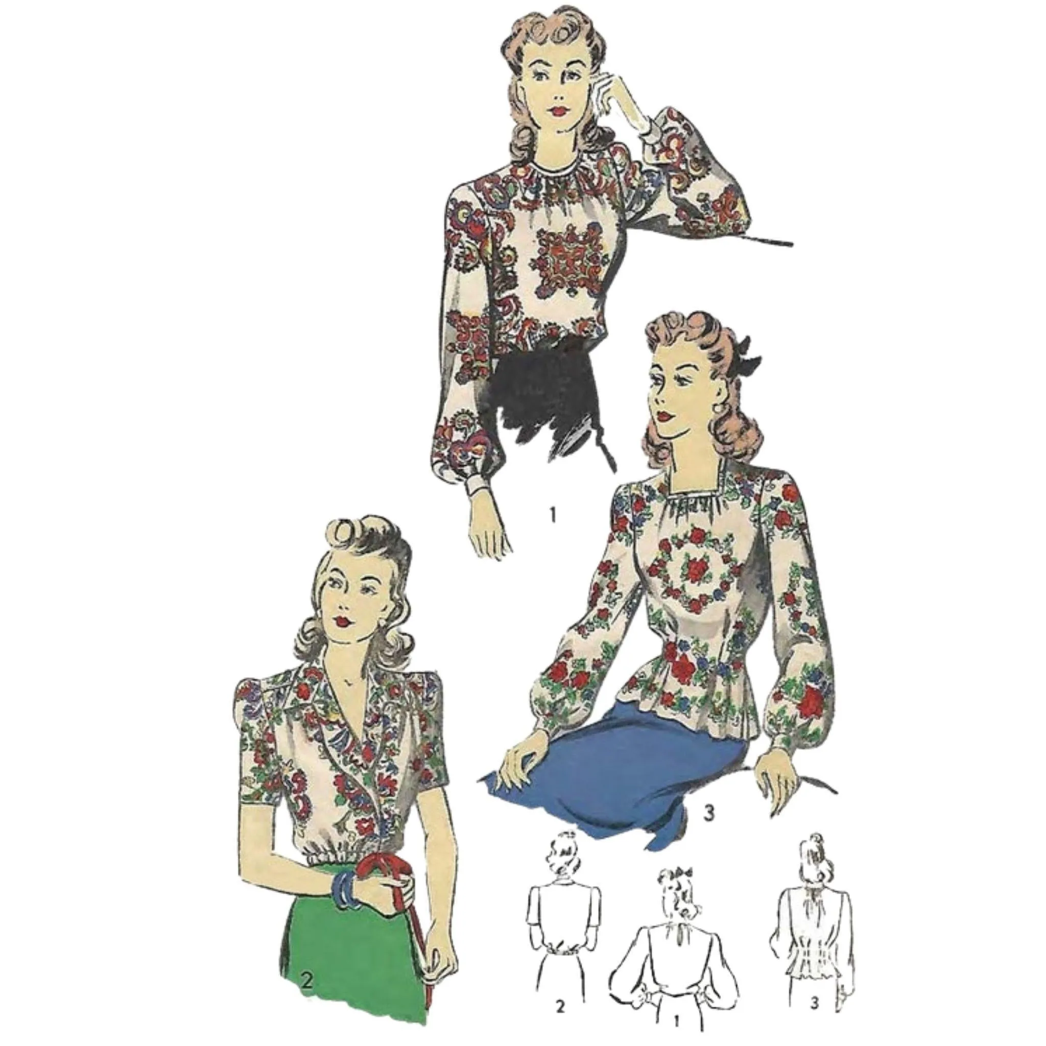 PDF - 1940s Pattern, Set of Blouses -  Bust 34” (86cm) - Bust 36” (91cm) - Download