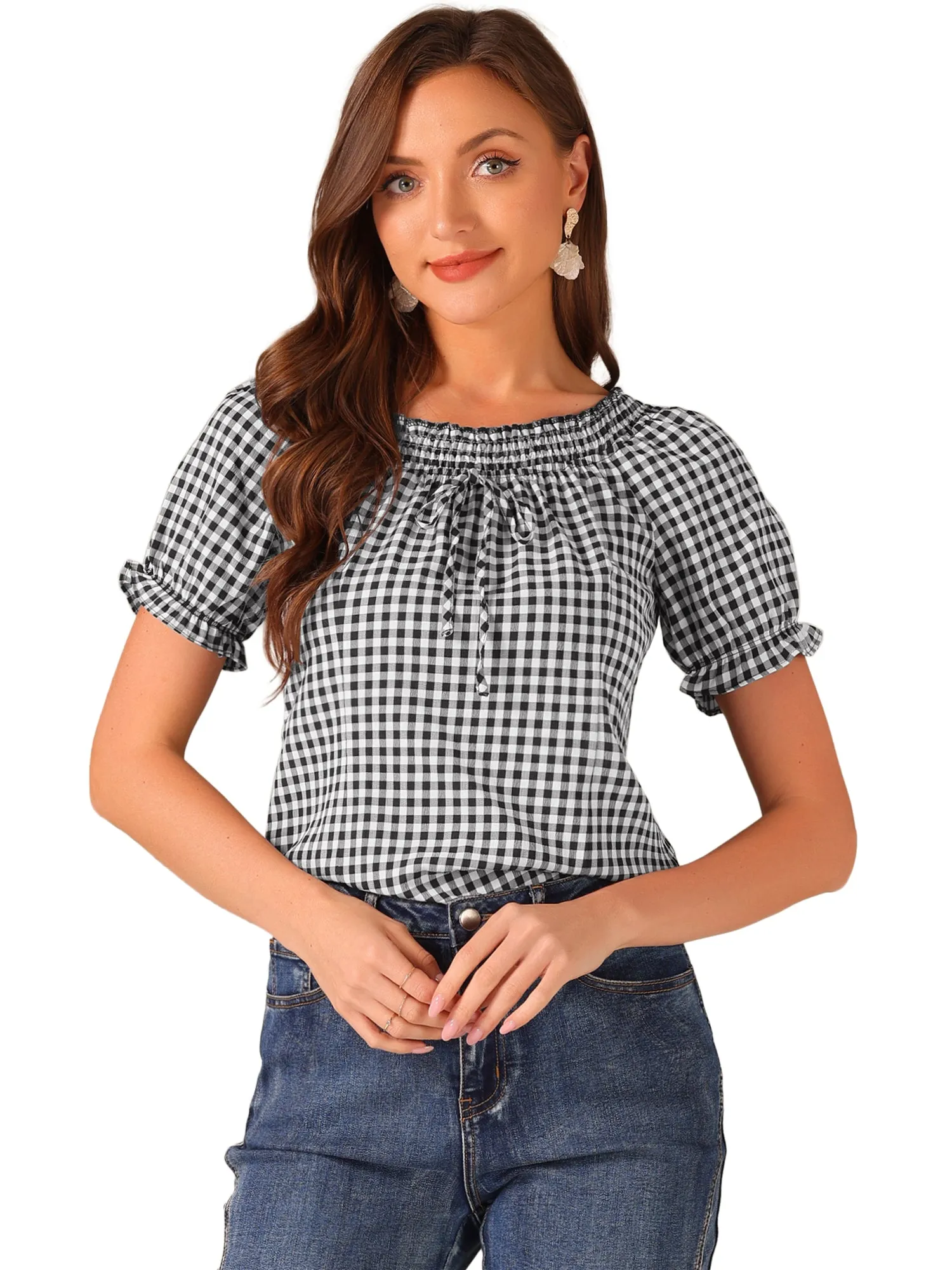 Peasant Round Neck Ruffles Puff Sleeve Gingham Plaid Blouse