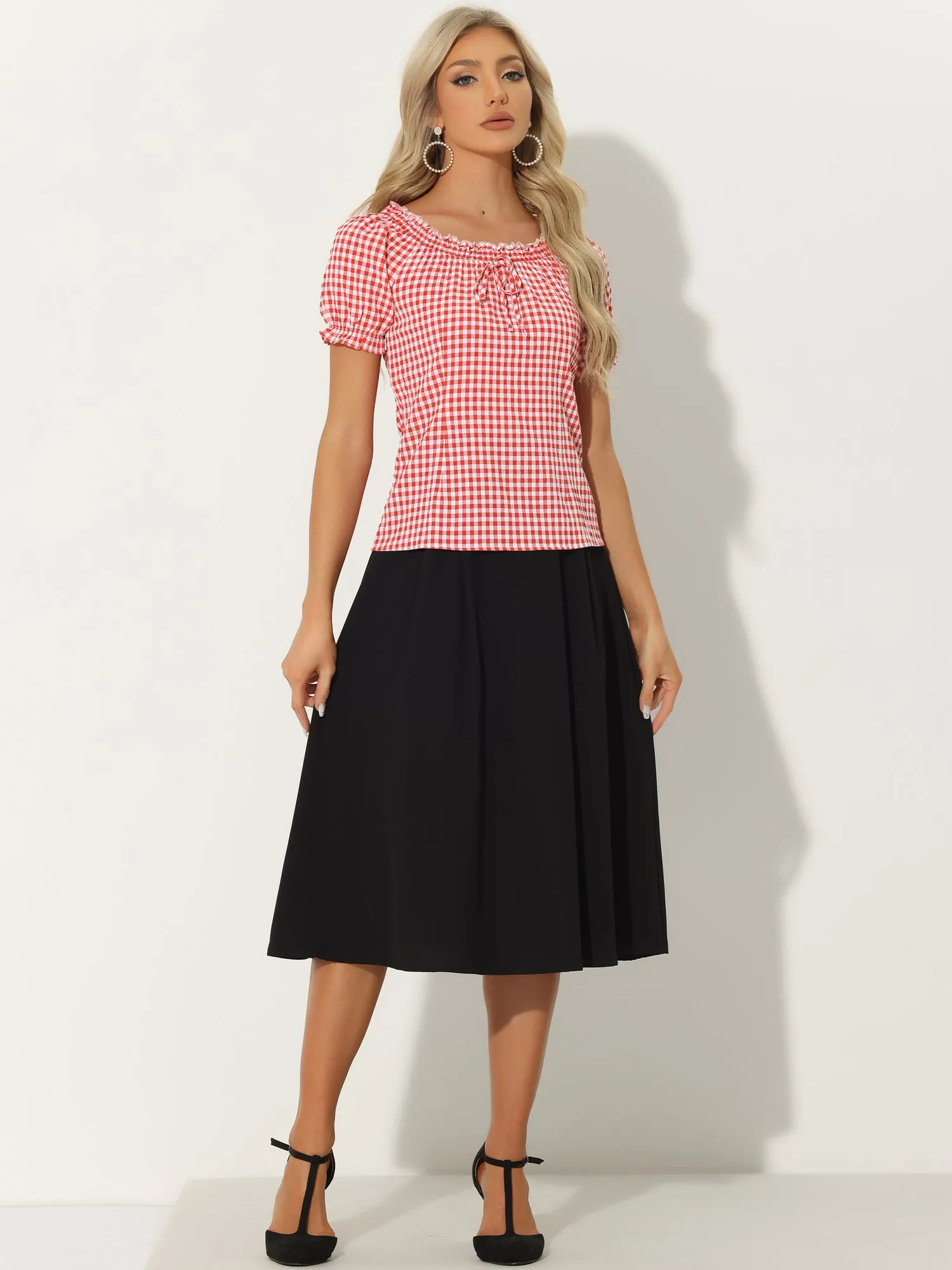 Peasant Round Neck Ruffles Puff Sleeve Gingham Plaid Blouse