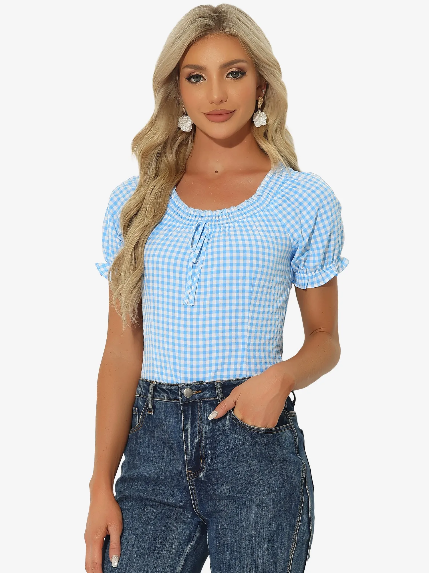 Peasant Round Neck Ruffles Puff Sleeve Gingham Plaid Blouse