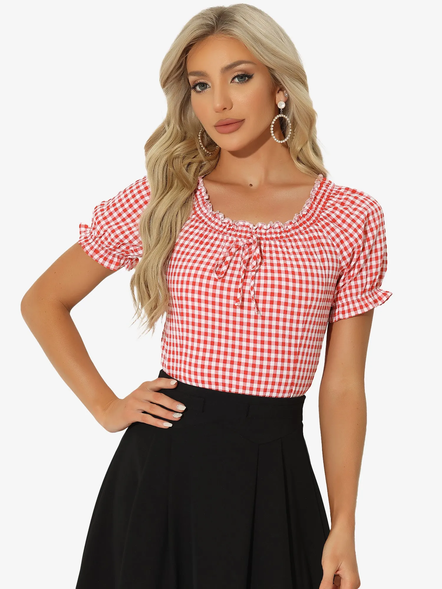 Peasant Round Neck Ruffles Puff Sleeve Gingham Plaid Blouse