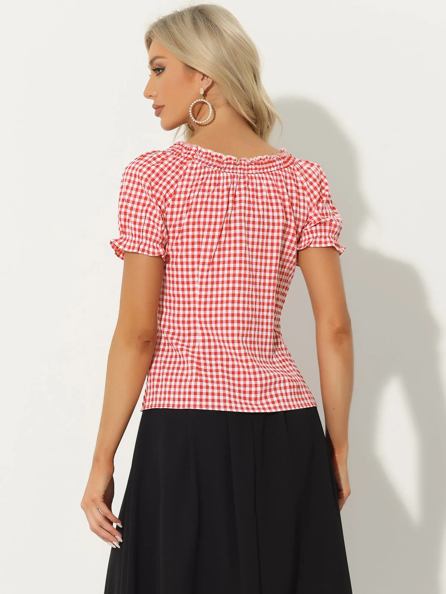 Peasant Round Neck Ruffles Puff Sleeve Gingham Plaid Blouse