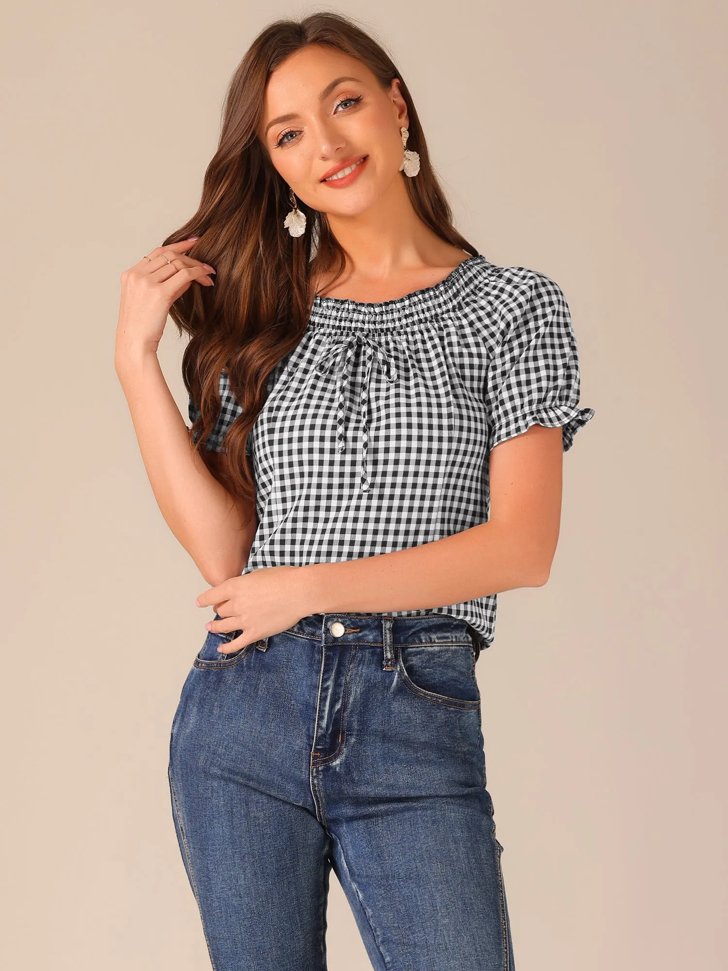 Peasant Round Neck Ruffles Puff Sleeve Gingham Plaid Blouse