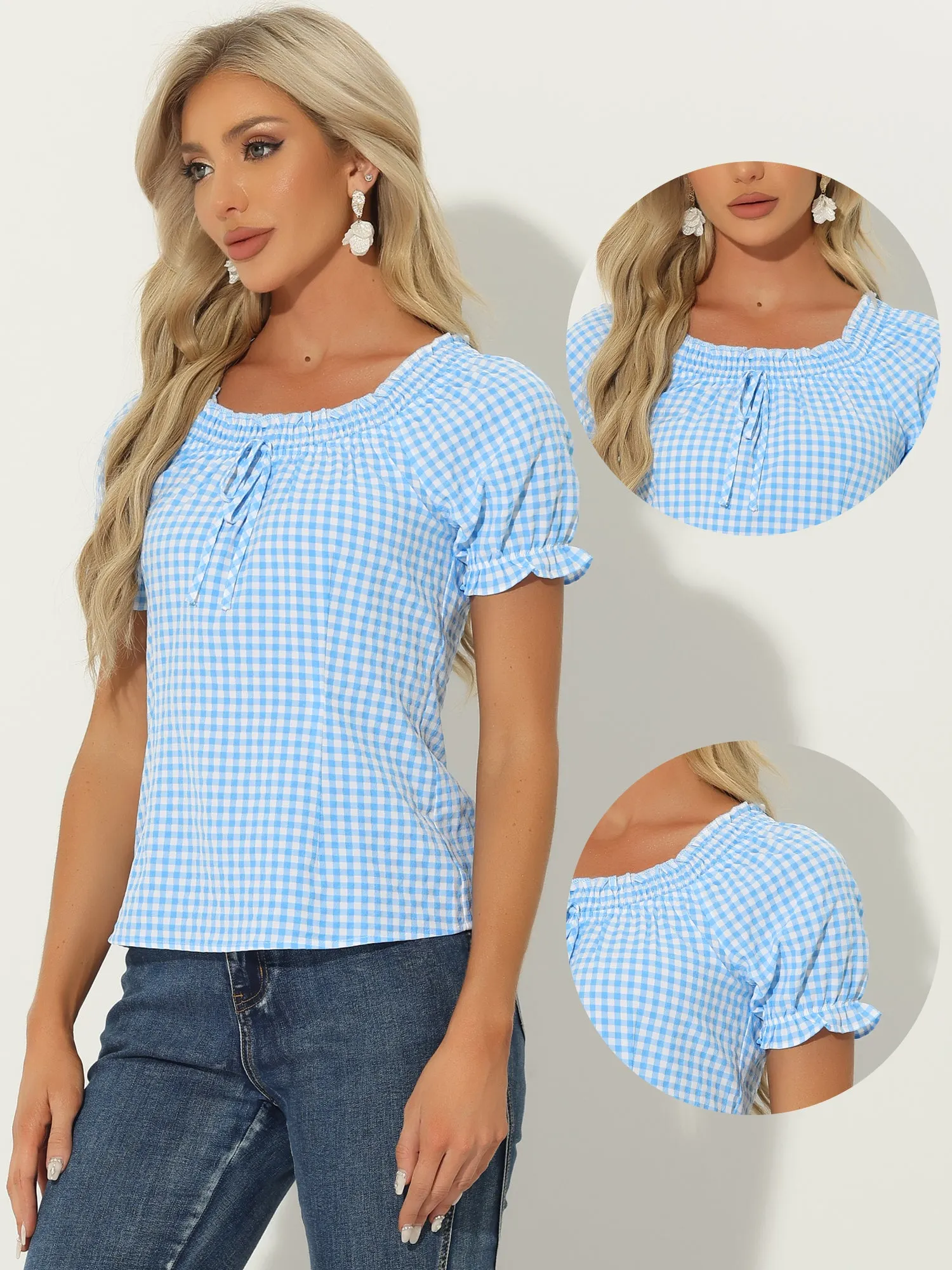 Peasant Round Neck Ruffles Puff Sleeve Gingham Plaid Blouse