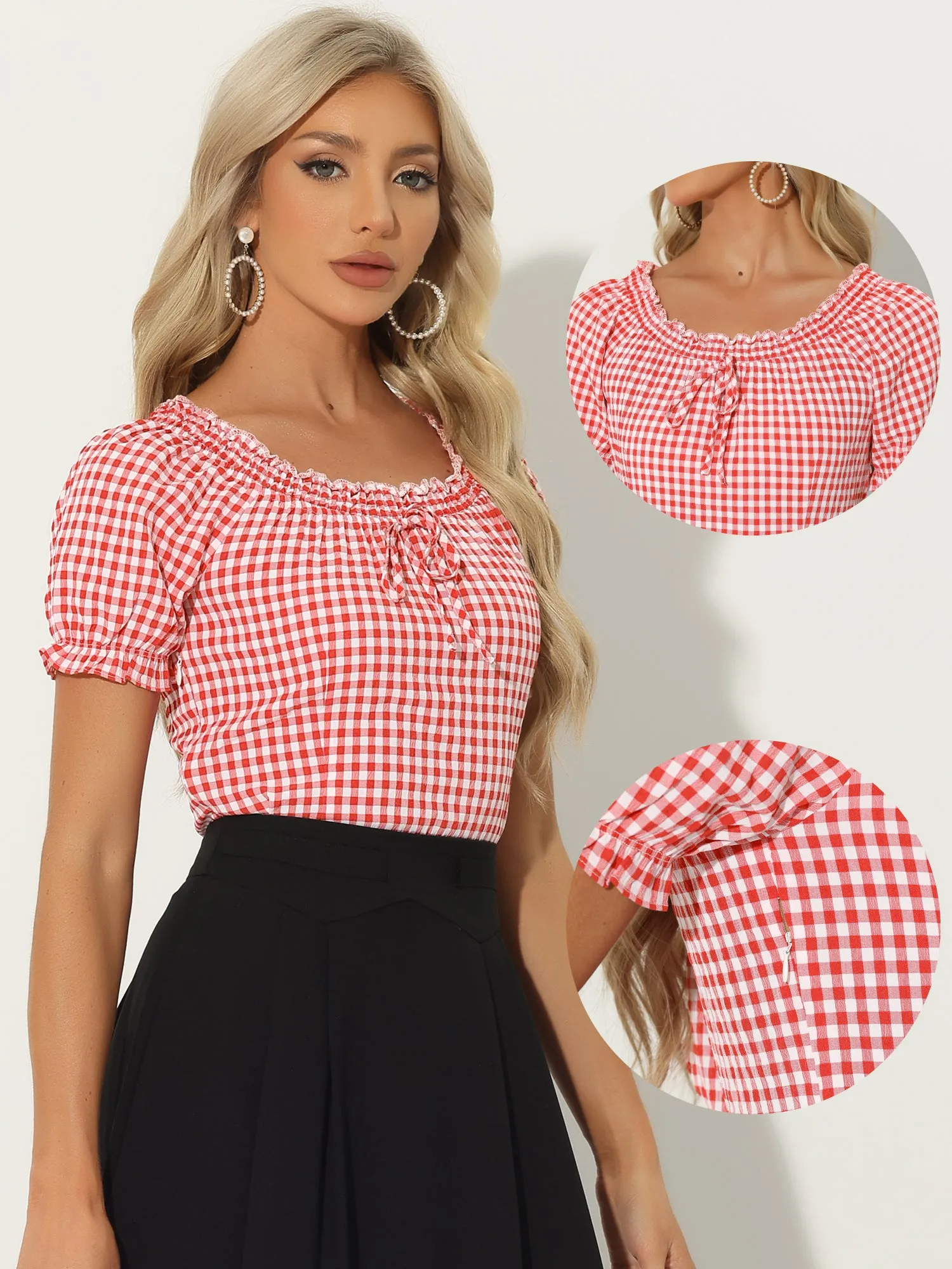 Peasant Round Neck Ruffles Puff Sleeve Gingham Plaid Blouse