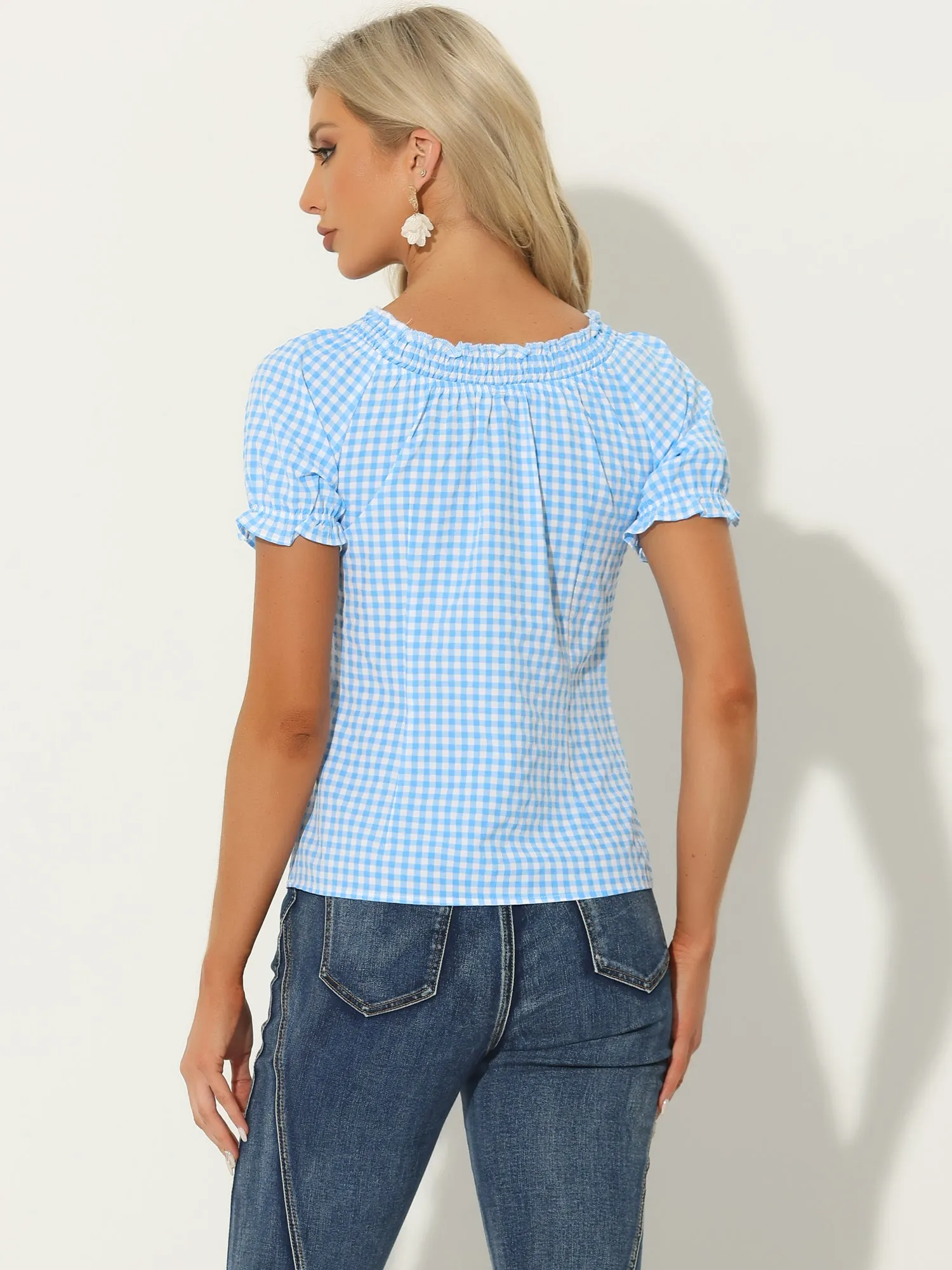 Peasant Round Neck Ruffles Puff Sleeve Gingham Plaid Blouse