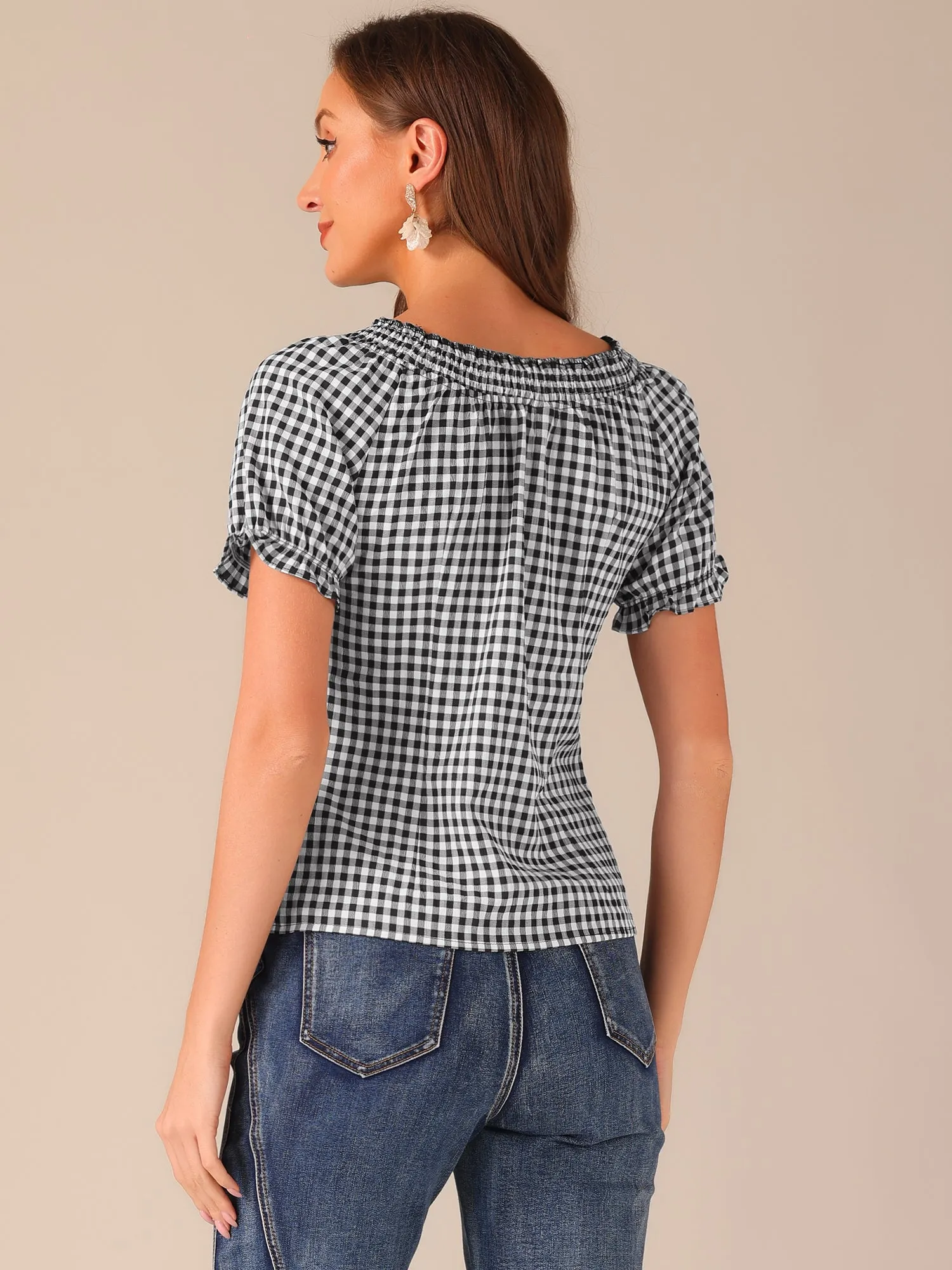 Peasant Round Neck Ruffles Puff Sleeve Gingham Plaid Blouse