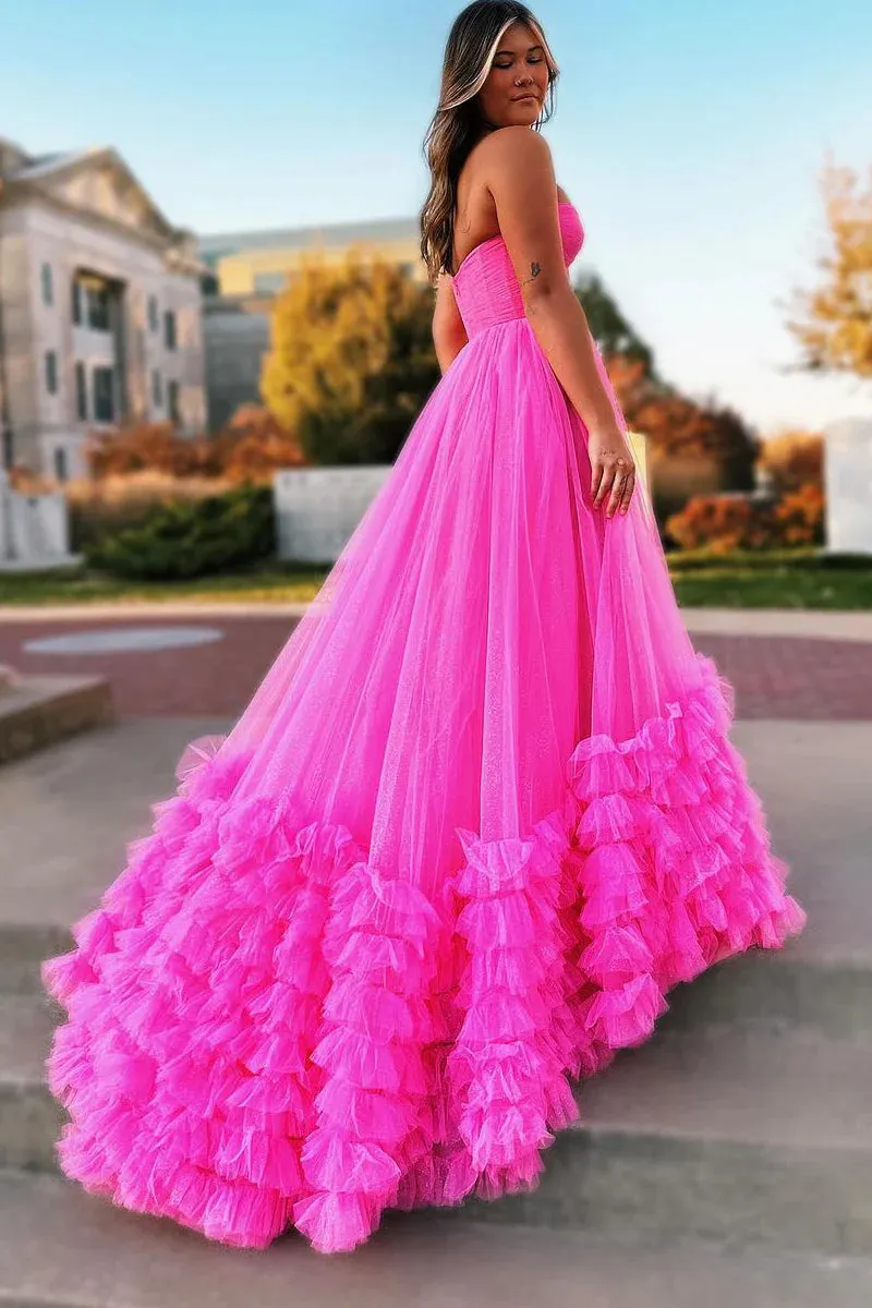 Pink Sweetheart Tiered Tulle Long Prom Dresses