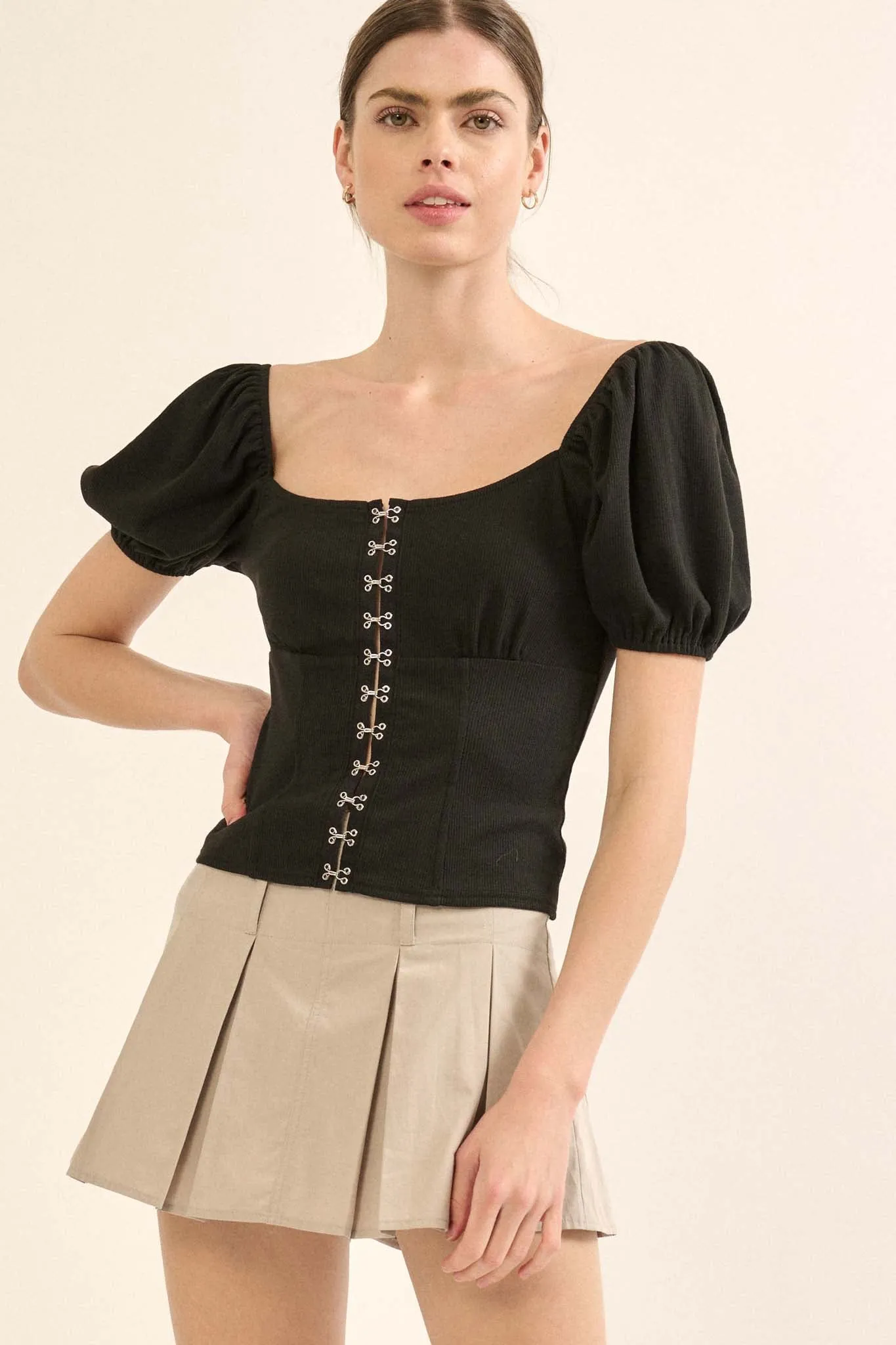 Promise the Label Rib-Knit Puff-Sleeve Peasant Top