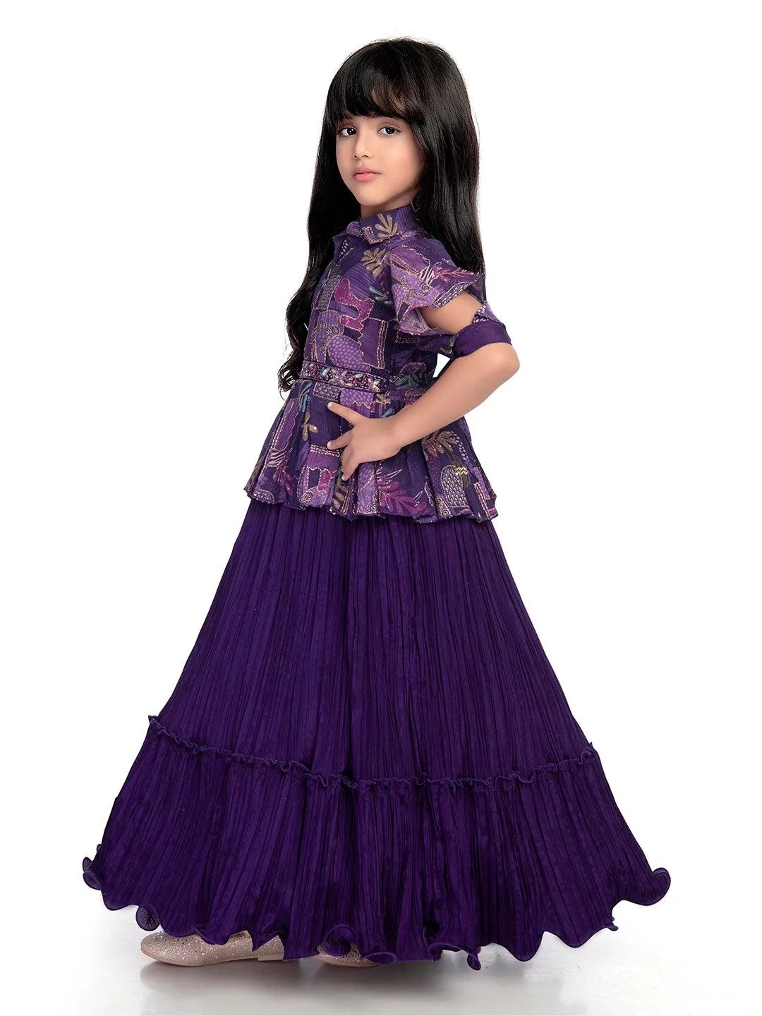 Purple Coloured Floral Dress For Girls /Collar Style Gown For Girls / Position Print Ethnic Gowns Online