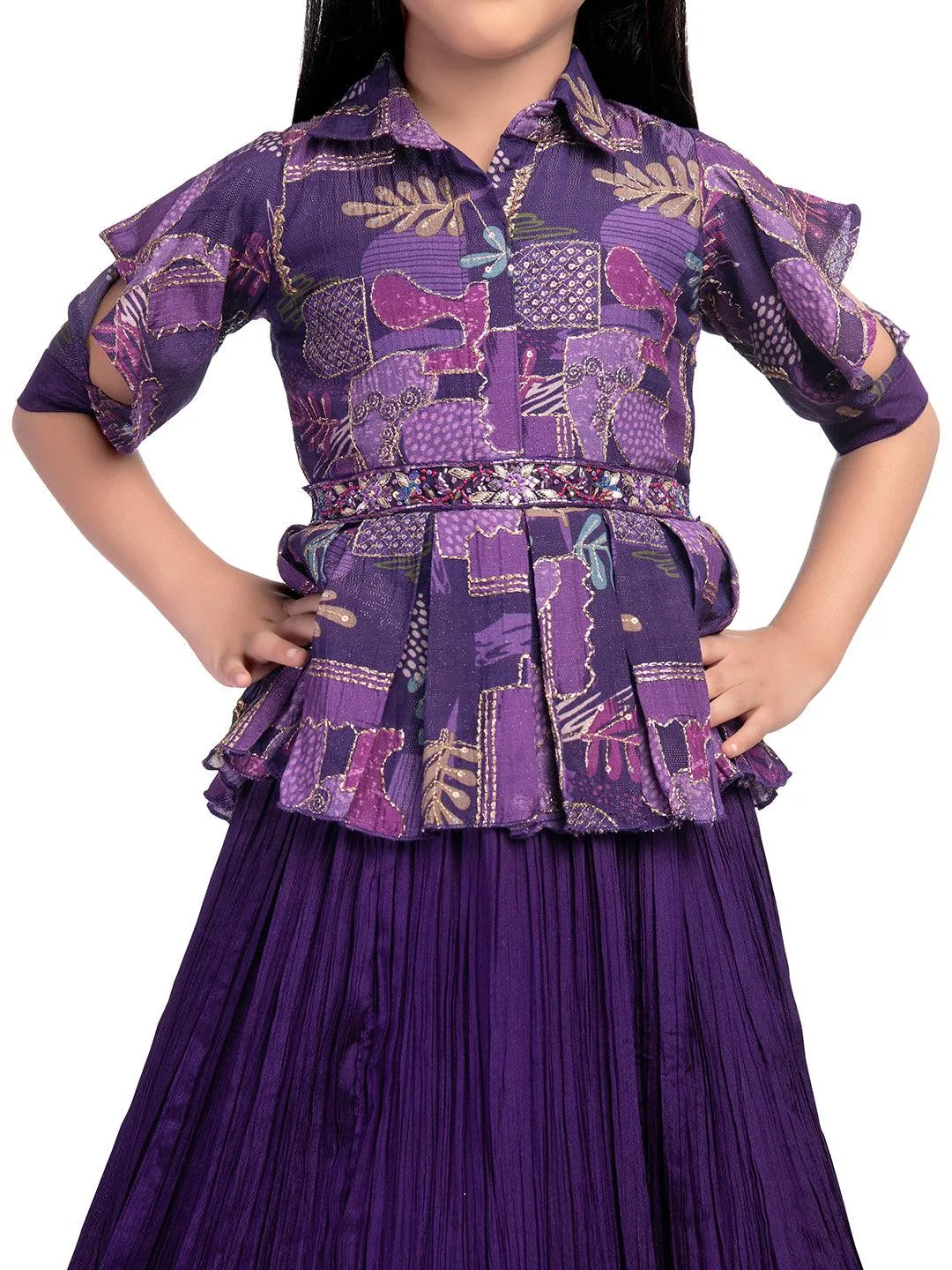 Purple Coloured Floral Dress For Girls /Collar Style Gown For Girls / Position Print Ethnic Gowns Online