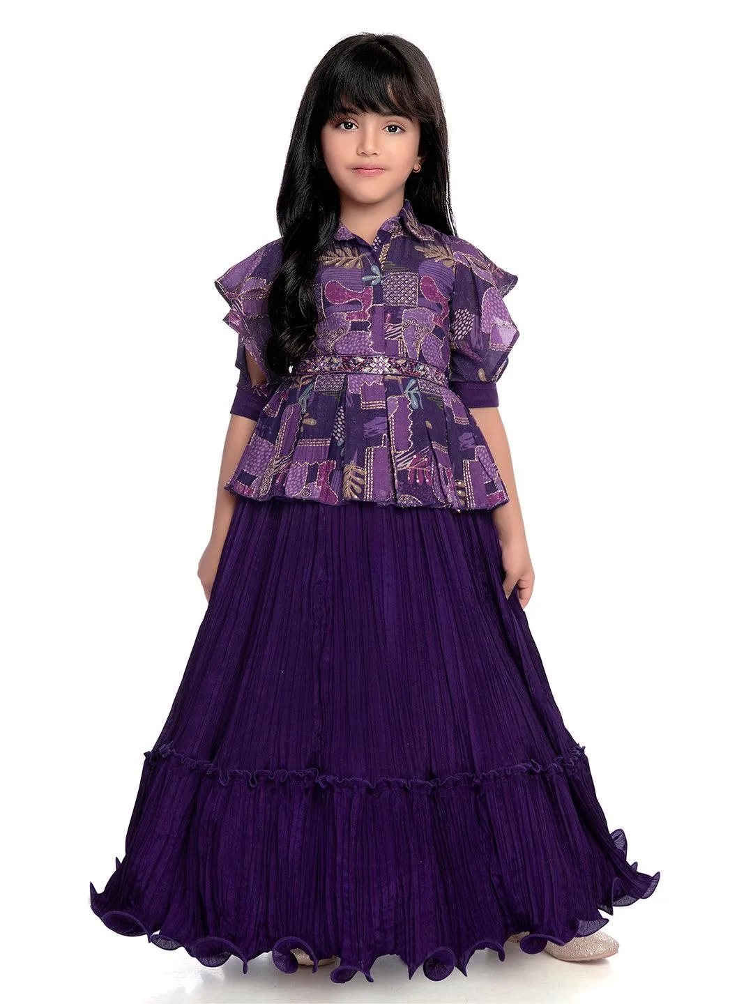 Purple Coloured Floral Dress For Girls /Collar Style Gown For Girls / Position Print Ethnic Gowns Online