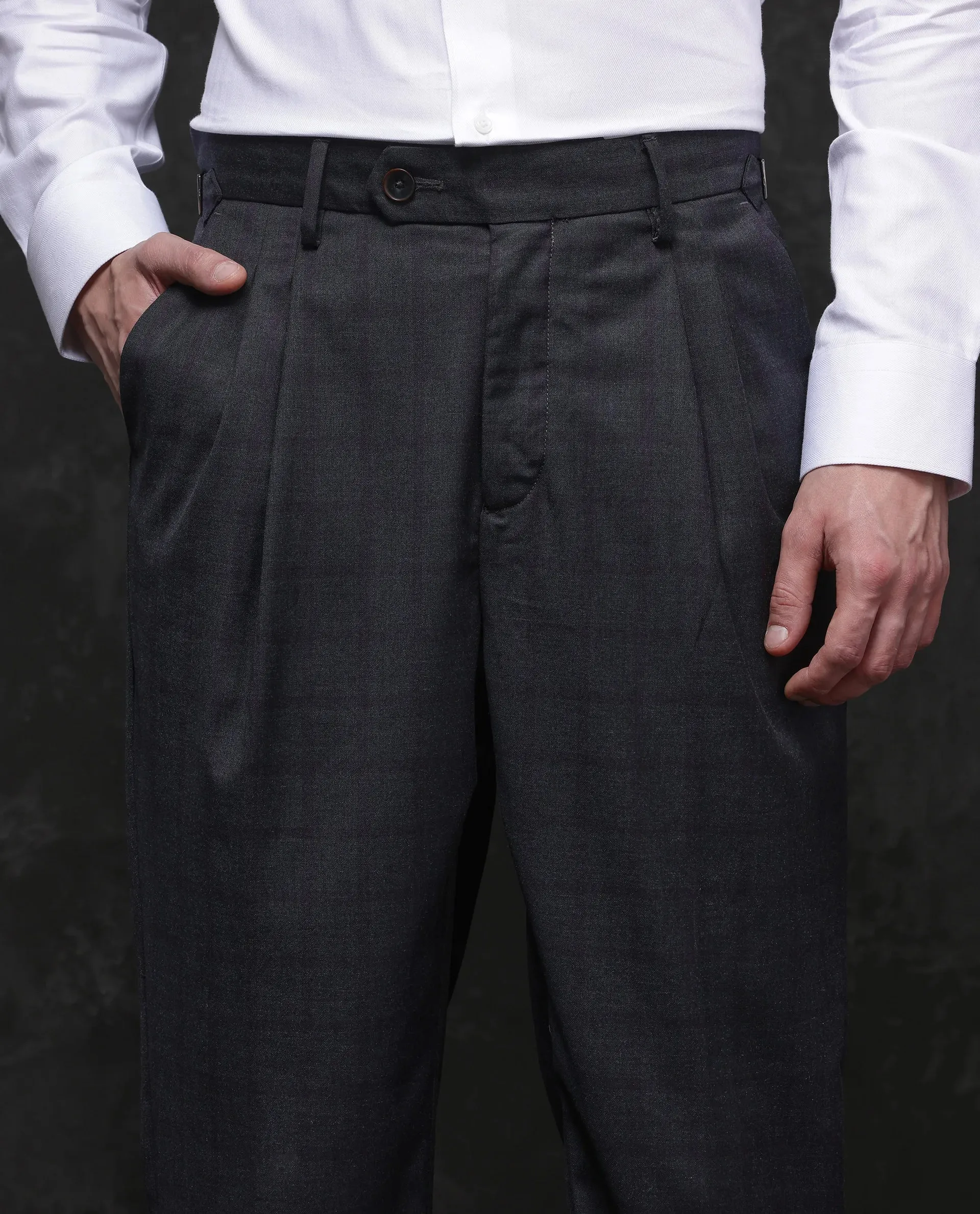 Rare Rabbit Men Jorin Dark Grey Cotton Blend Fabric Button Closure Regular Fit Checked Trouser