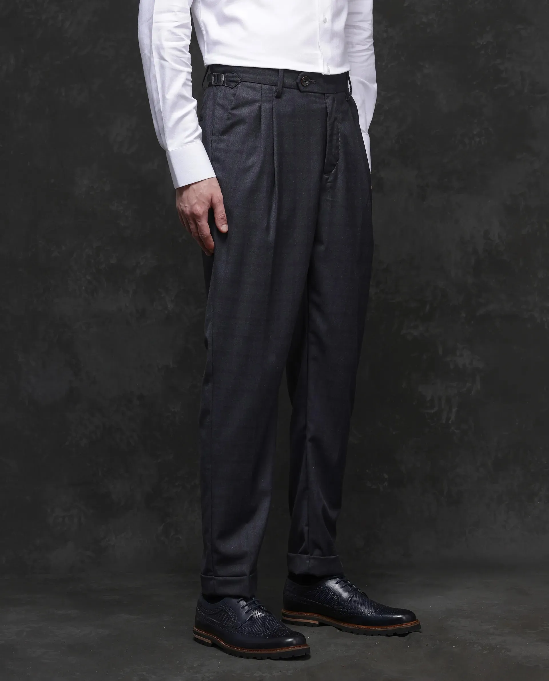 Rare Rabbit Men Jorin Dark Grey Cotton Blend Fabric Button Closure Regular Fit Checked Trouser