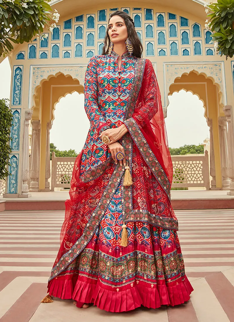 Red And Blue Ikat Prints And Embroidered Silk Anarkali Gown