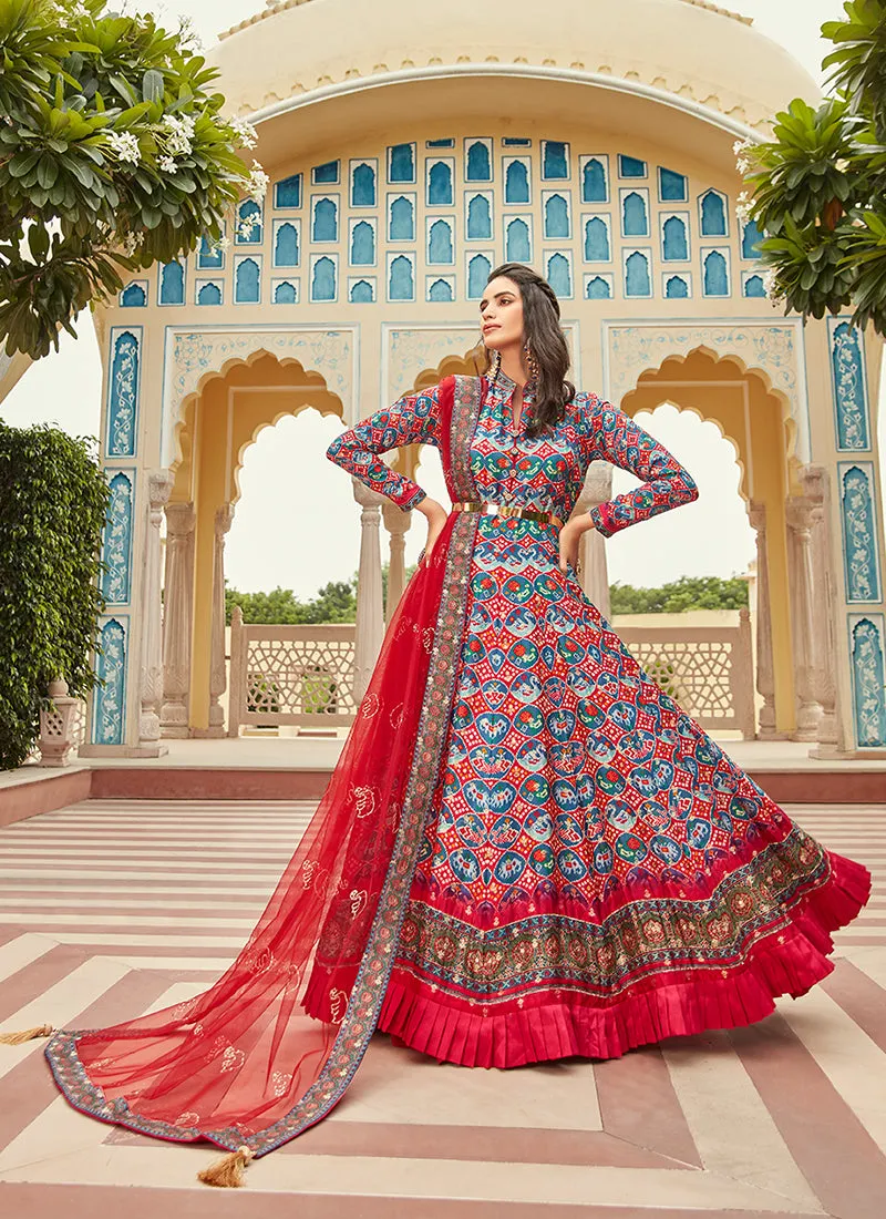 Red And Blue Ikat Prints And Embroidered Silk Anarkali Gown