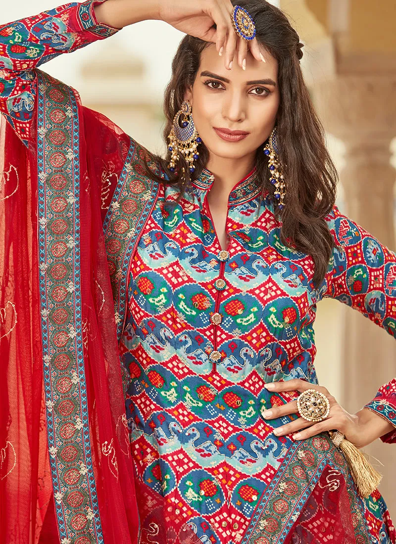 Red And Blue Ikat Prints And Embroidered Silk Anarkali Gown