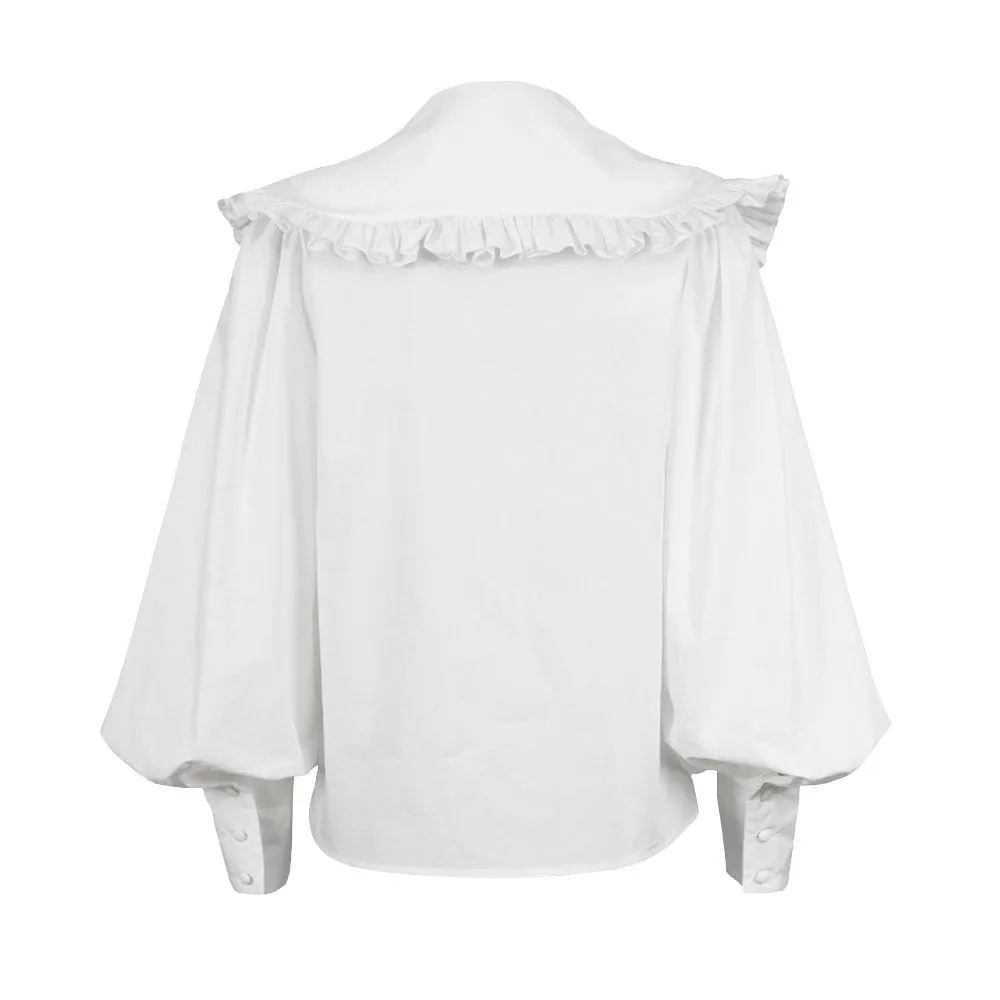 Retro Ruched Ruffle Peter Pan Collar Button Up Bishop Sleeve Blouse - White