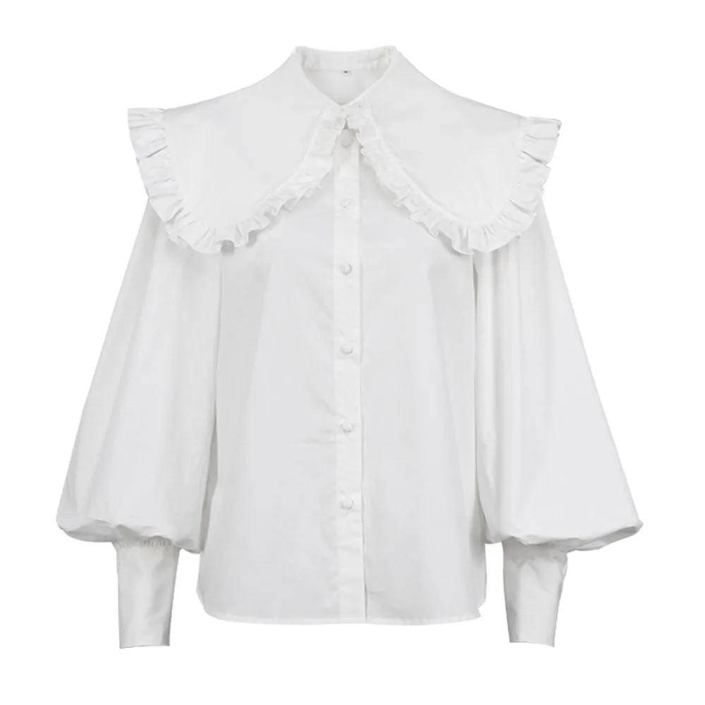 Retro Ruched Ruffle Peter Pan Collar Button Up Bishop Sleeve Blouse - White