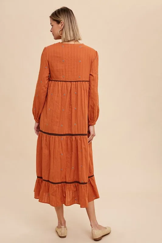 Rust All Over Embroidery Tiered Midi Dress