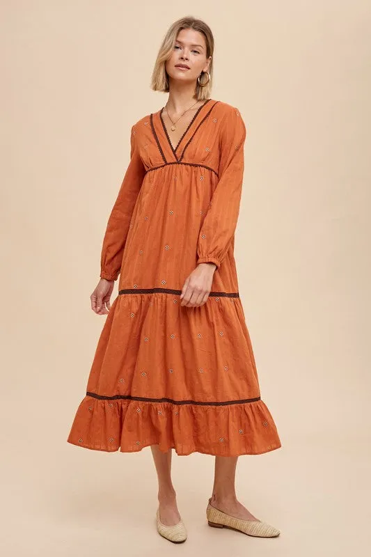 Rust All Over Embroidery Tiered Midi Dress