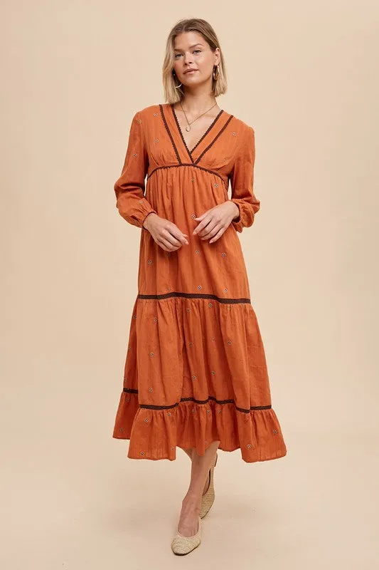 Rust All Over Embroidery Tiered Midi Dress