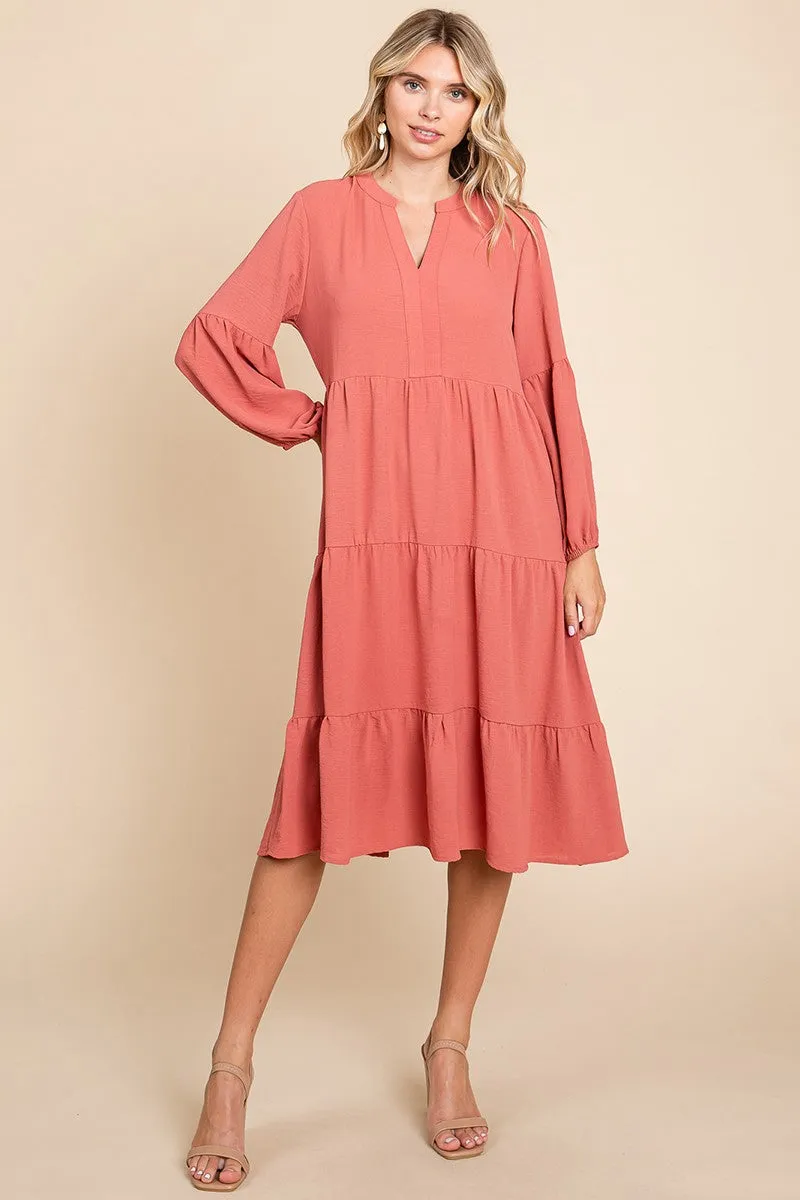 Rust Tiered V Neck Long Sleeve Ruffle Hem Midi Dress