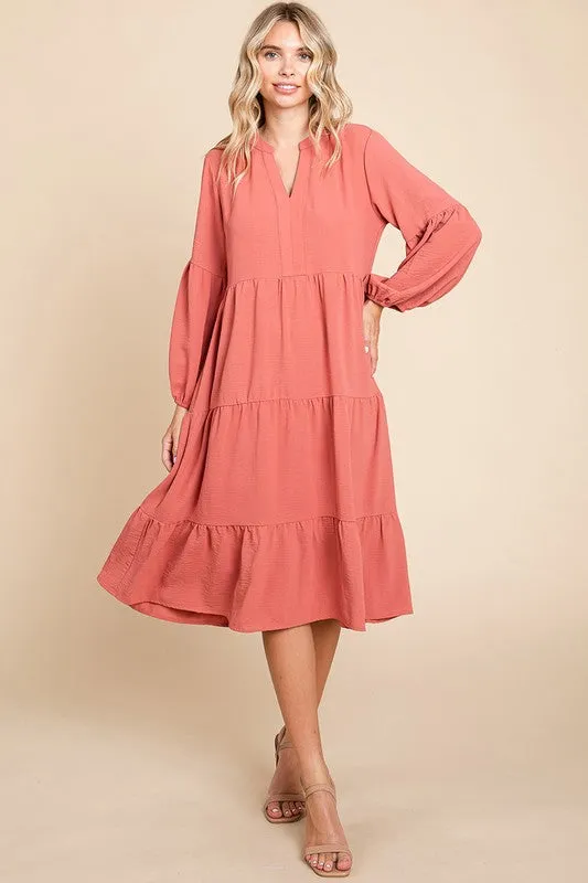 Rust Tiered V Neck Long Sleeve Ruffle Hem Midi Dress