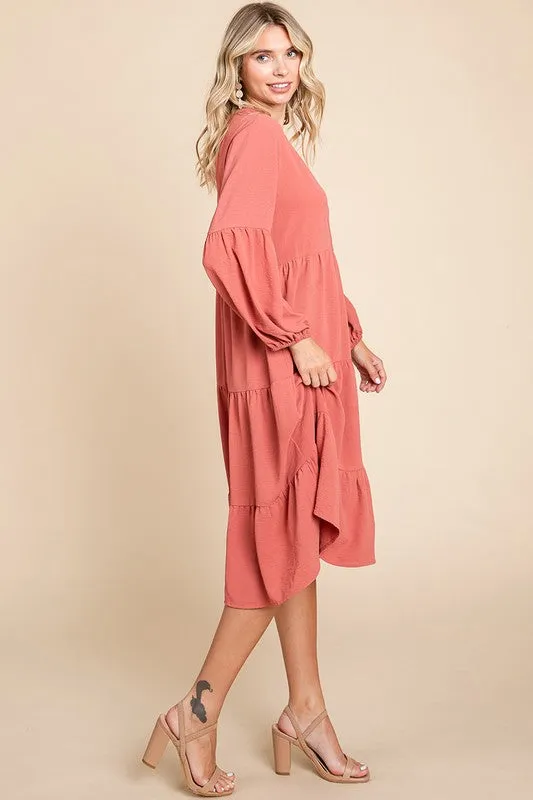 Rust Tiered V Neck Long Sleeve Ruffle Hem Midi Dress